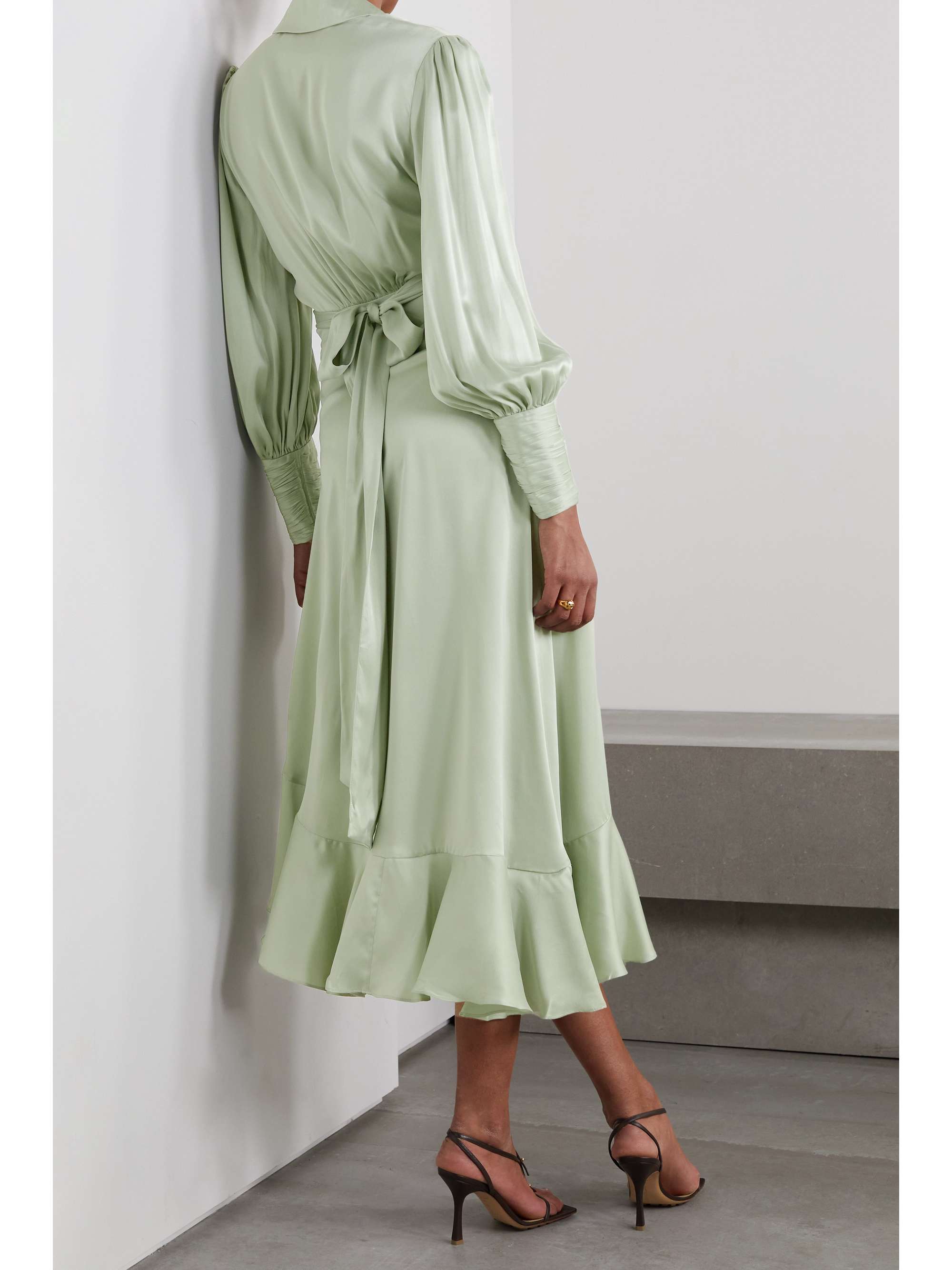 zimmermann wrap dress midi,zimmermann green silk dress,zimmermann green wrap dress,satin wrap dress,