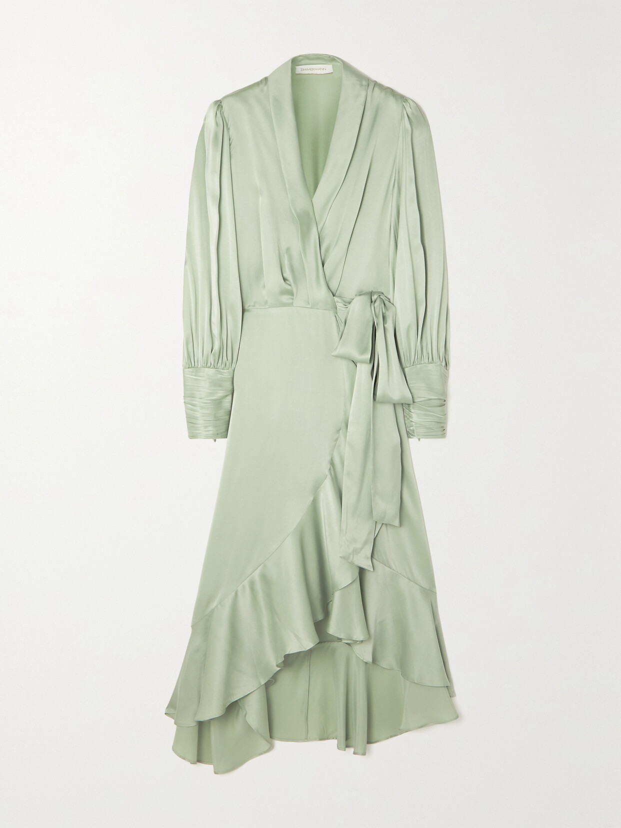 ZIMMERMANN ASYMMETRIC RUFFLED SILK-SATIN MIDI WRAP DRESS