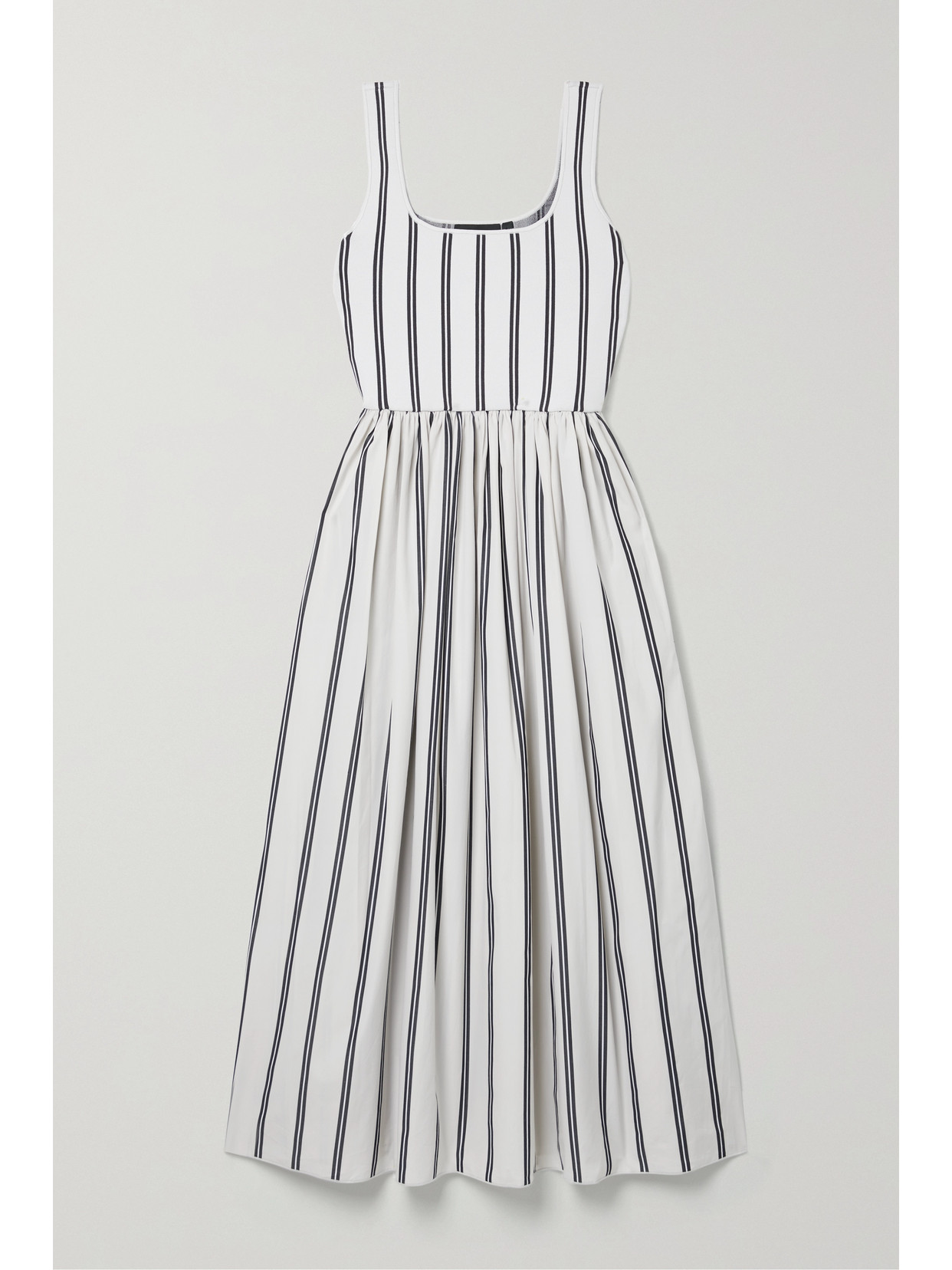 Theory Striped Gathered Cotton-poplin And Stretch-knit Midi Dress In Off-white