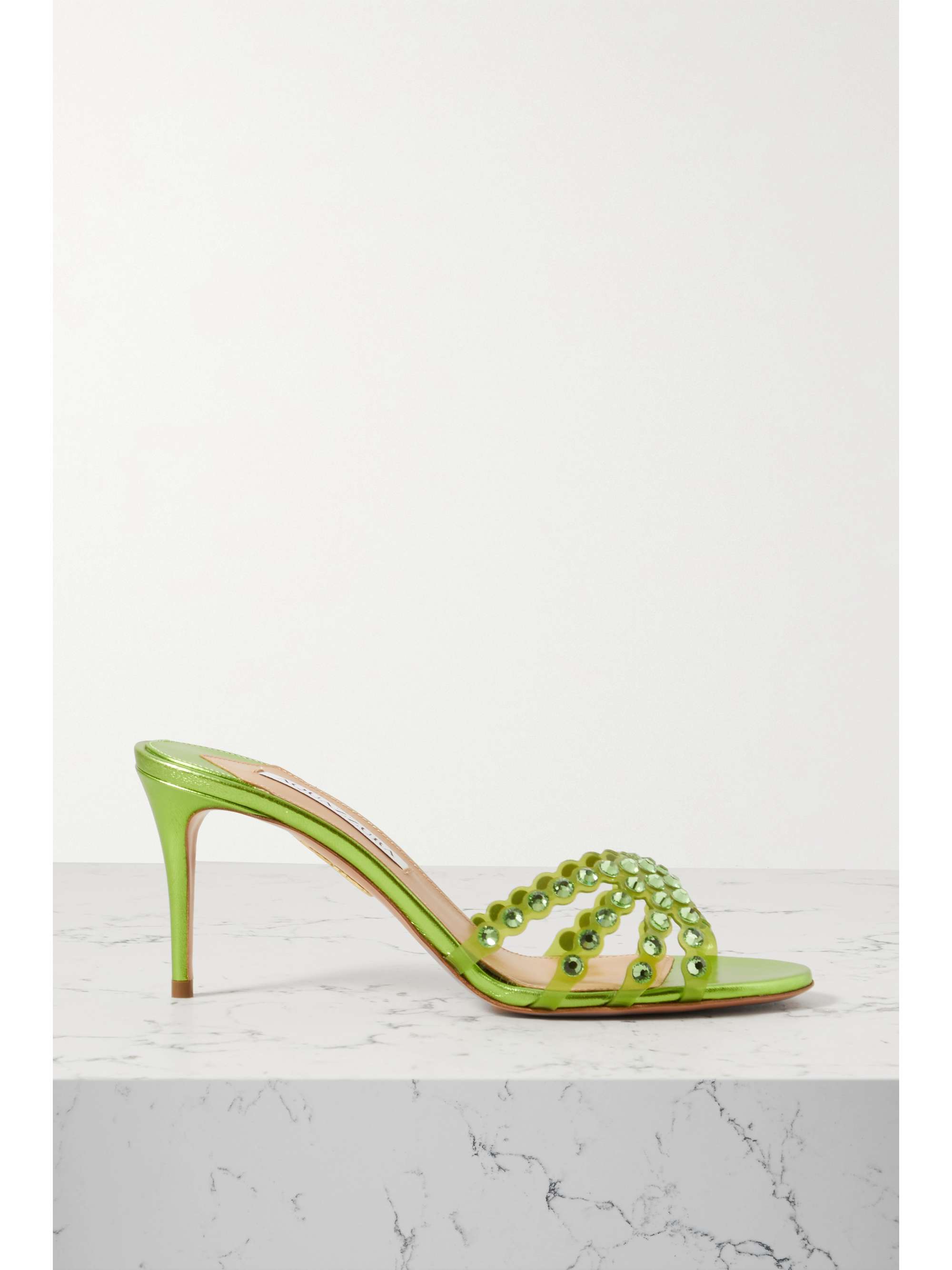 Green Tequila 75 Crystal Embellished Pvc And Metallic Leather Mules Aquazzura Net A Porter