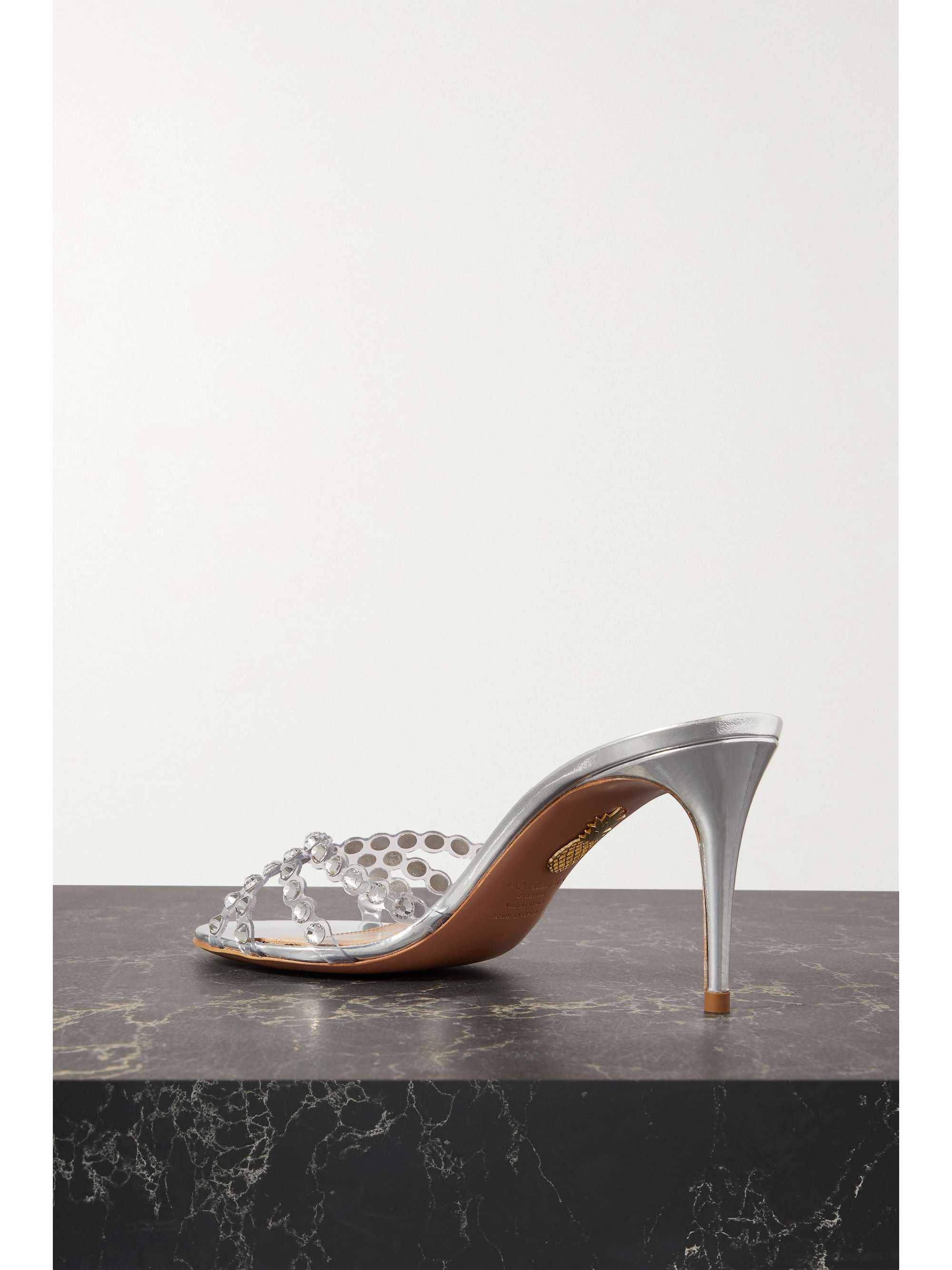 AQUAZZURA Tequila 75 crystal-embellished PVC and metallic leather mules