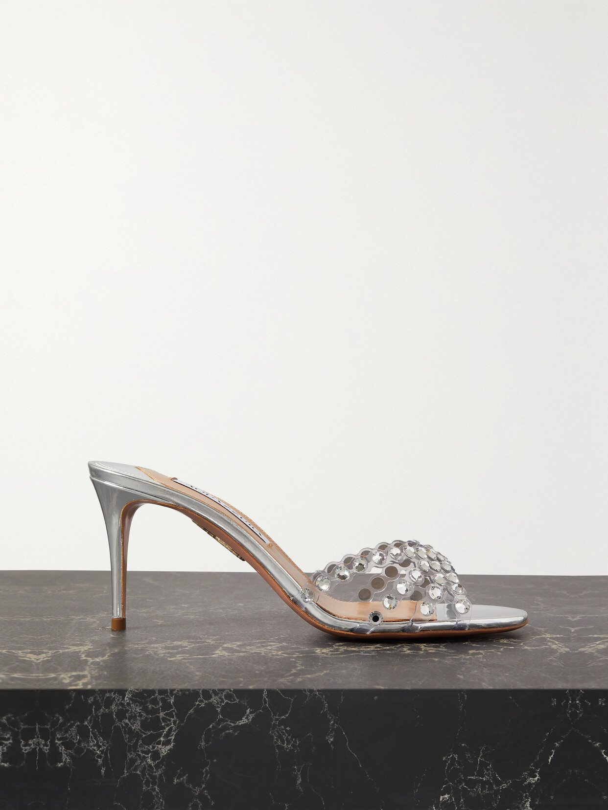 Aquazzura Tequila 75 Crystal-embellished Pvc And Metallic Leather Mules In Silver