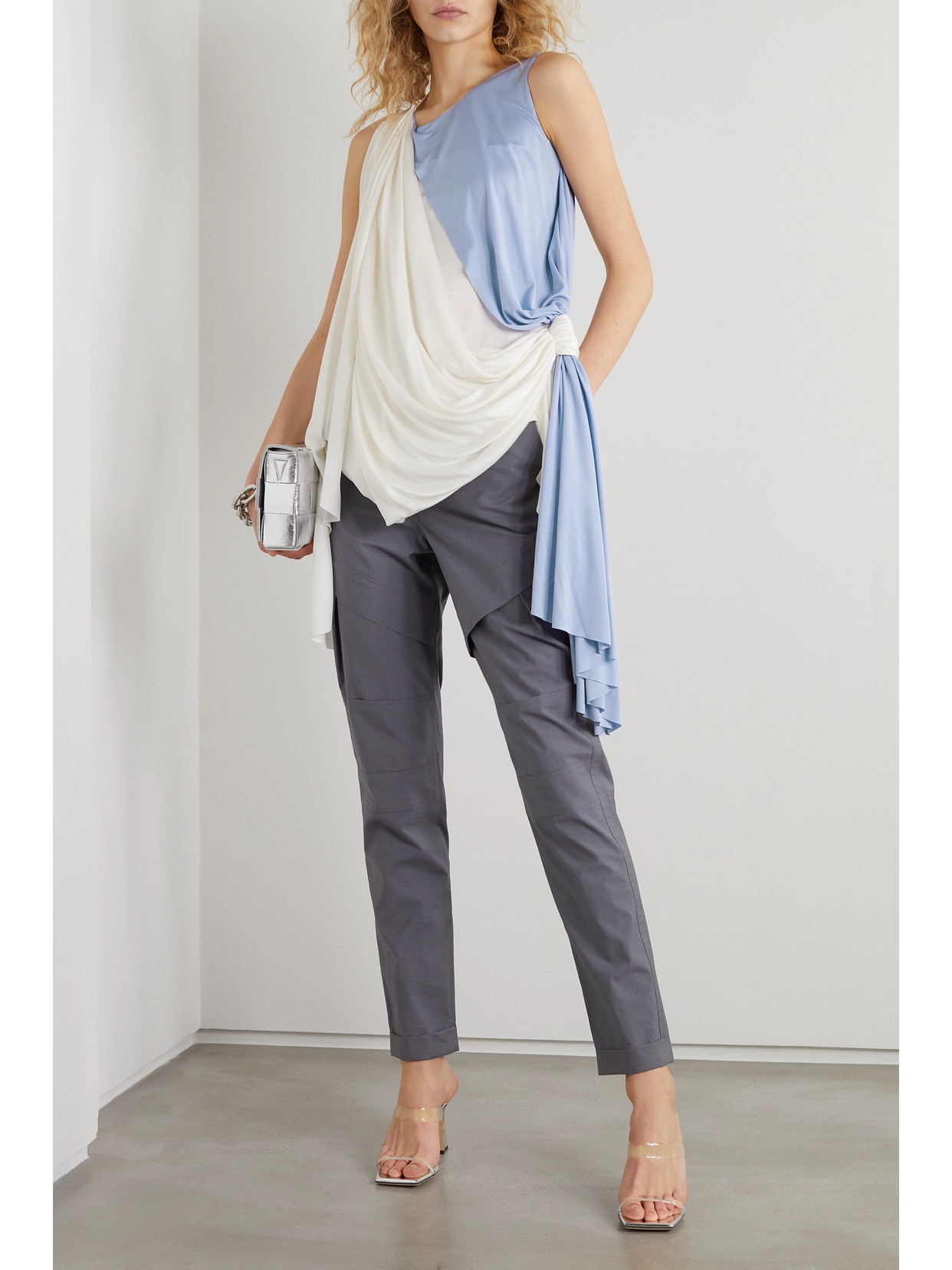 Loewe Asymmetric Knotted Draped Silk Crepe De Chine Top In Blue
