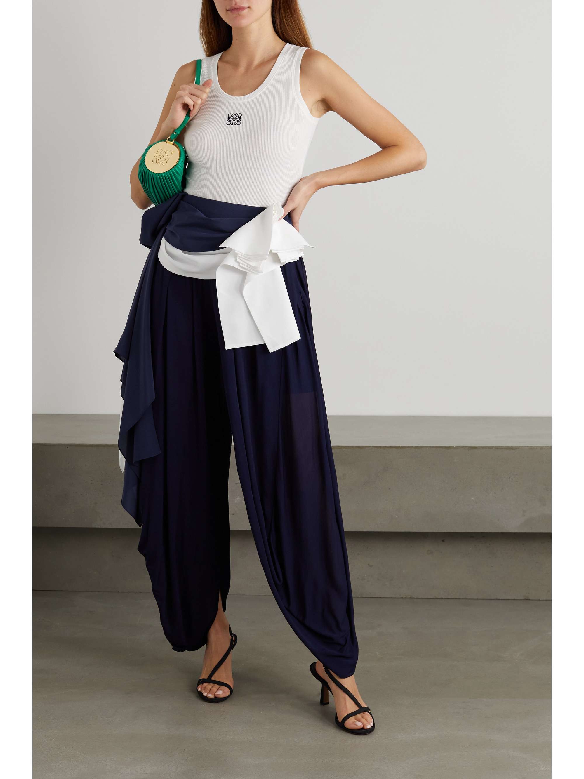 Navy Balloon draped crepe tapered pants 