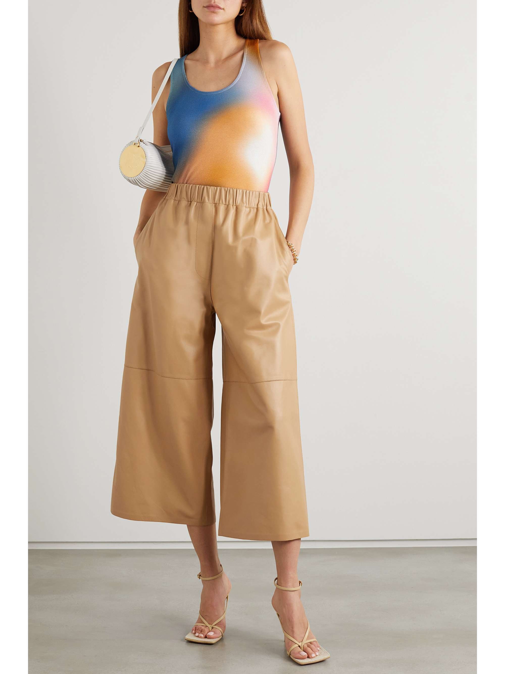 Beige Cropped leather wide-leg pants 