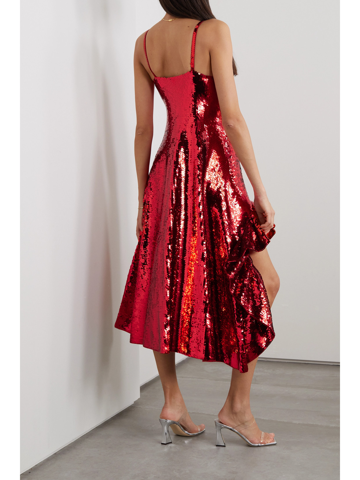 Shop Loewe Ruffled Sequined Wool Midi Dress In Red