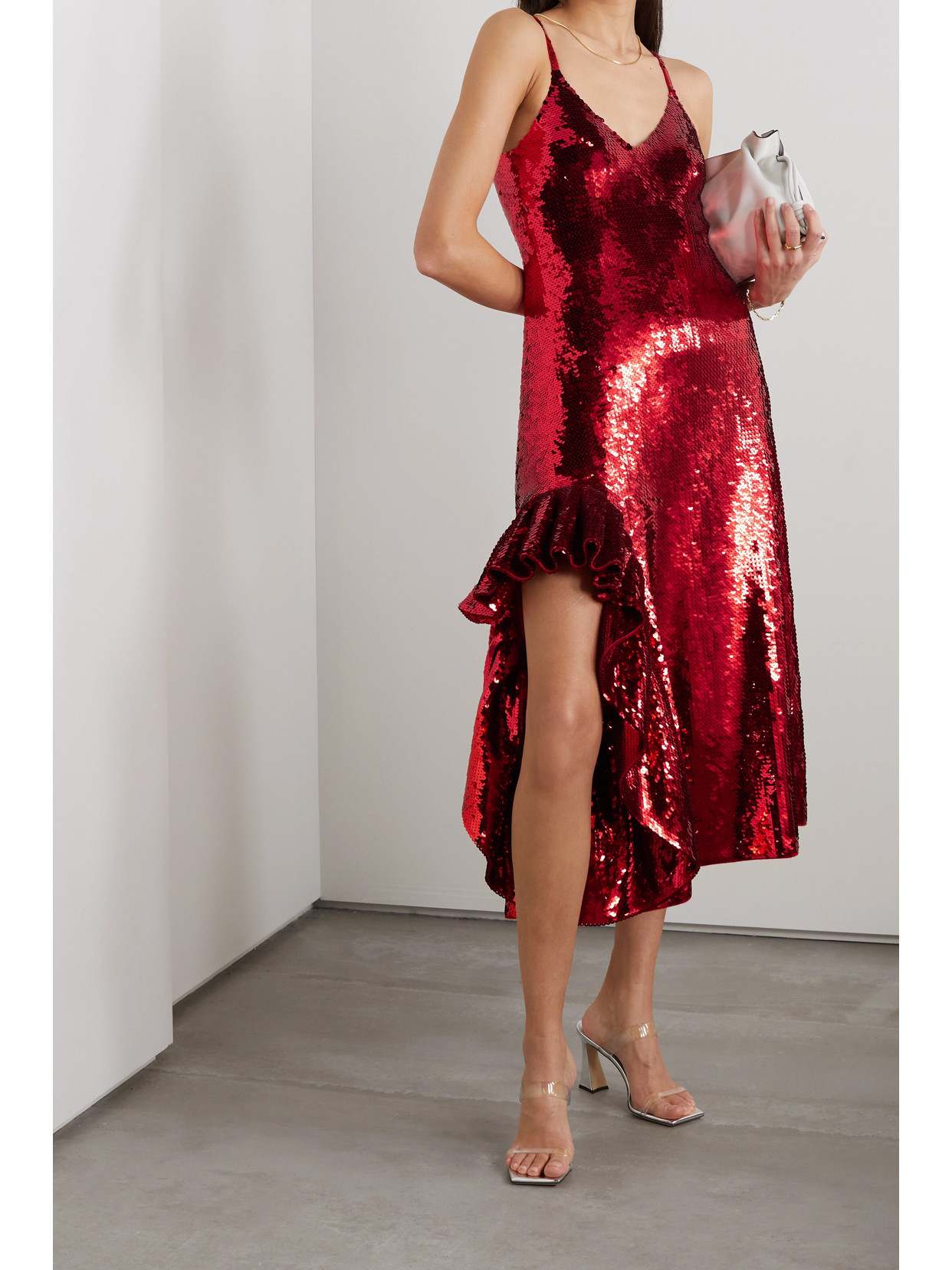 Shop Loewe Ruffled Sequined Wool Midi Dress In Red