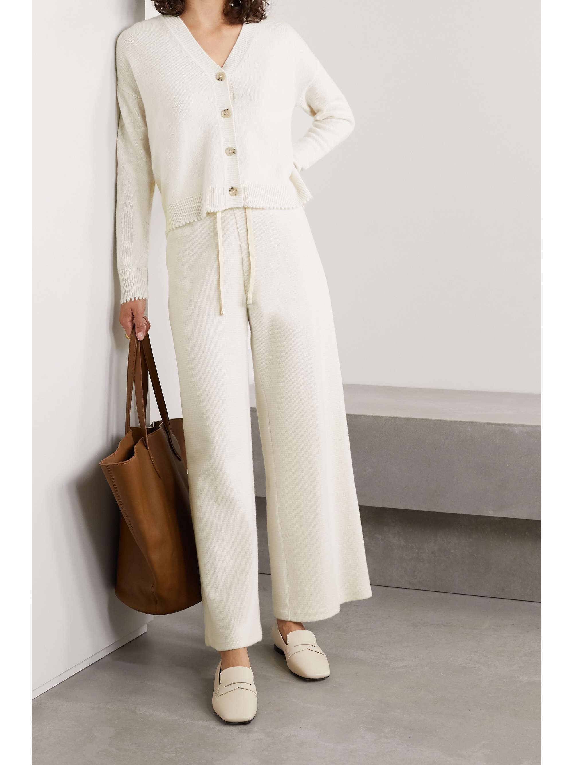 Beige Brushed waffleknit cotton and cashmereblend wideleg pants