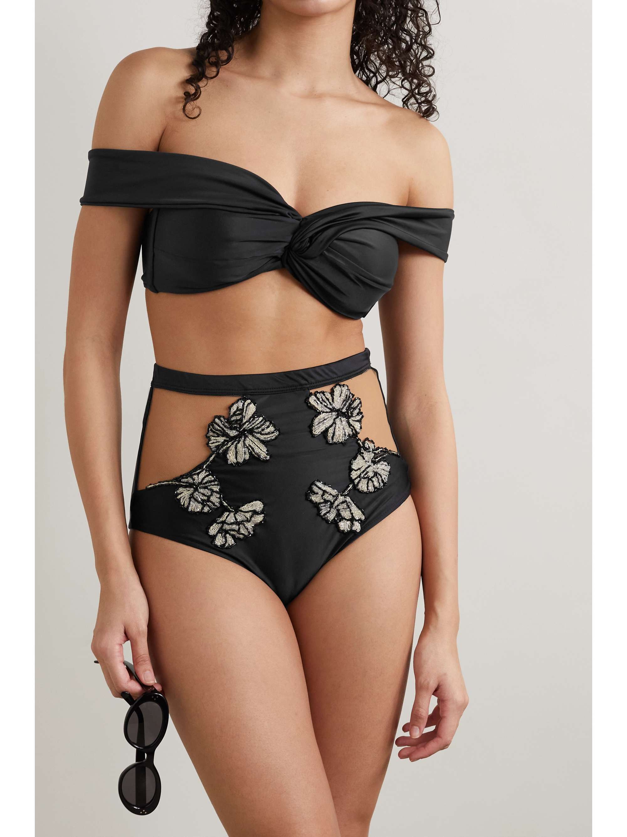 Tulle trimmed bead embellished bikini briefs black x small