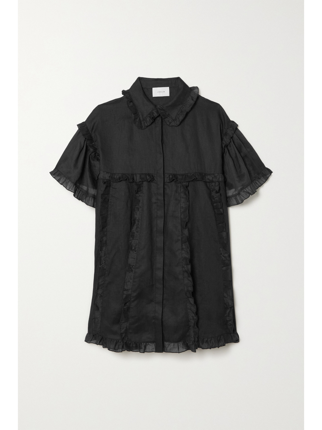 Joslin Emily Oversized Ruffled Linenvoile Mini Shirt Dress In Black