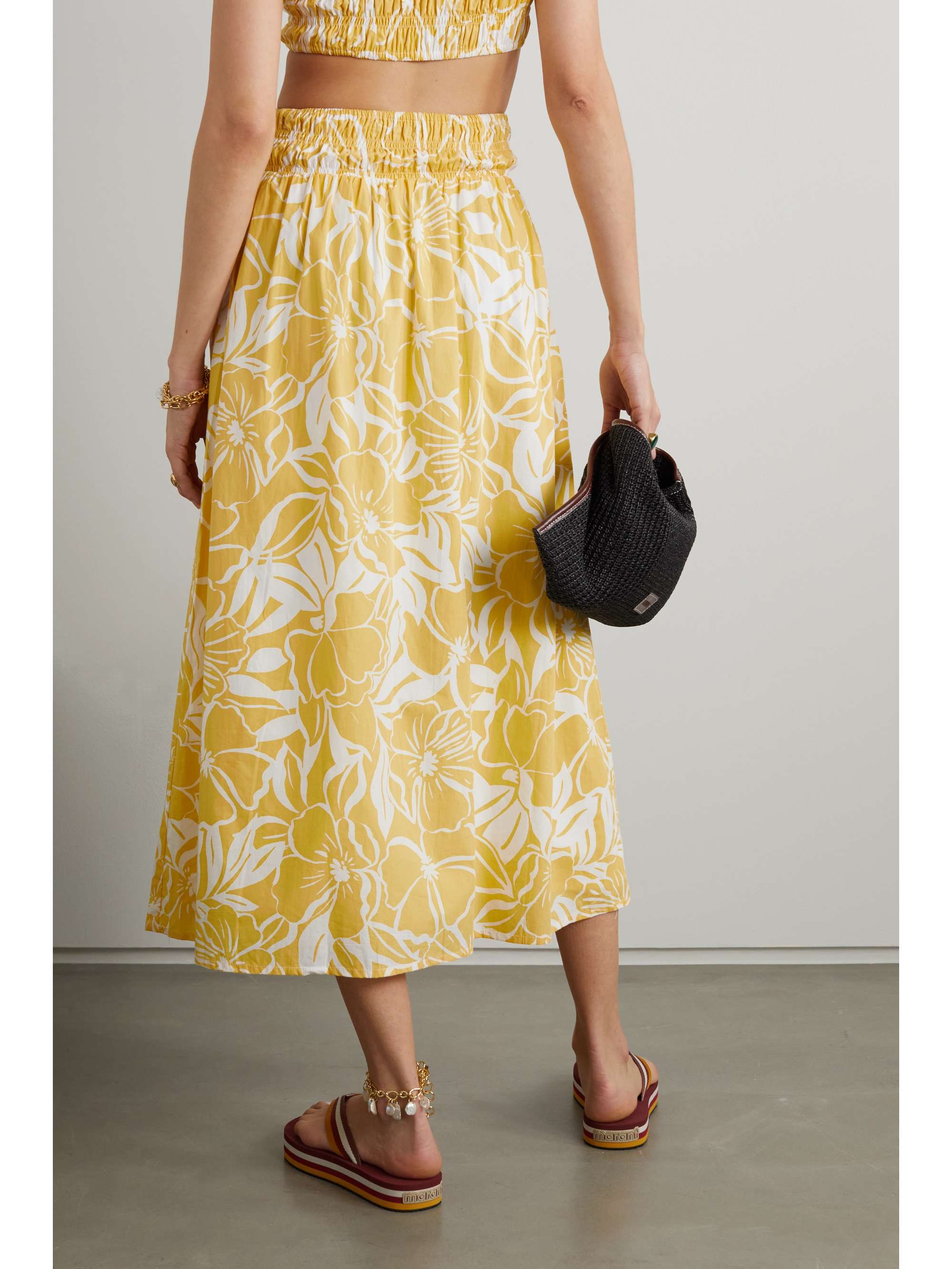 FAITHFULL + NET SUSTAIN Kiera shirred floral-print cotton-poplin midi skirt