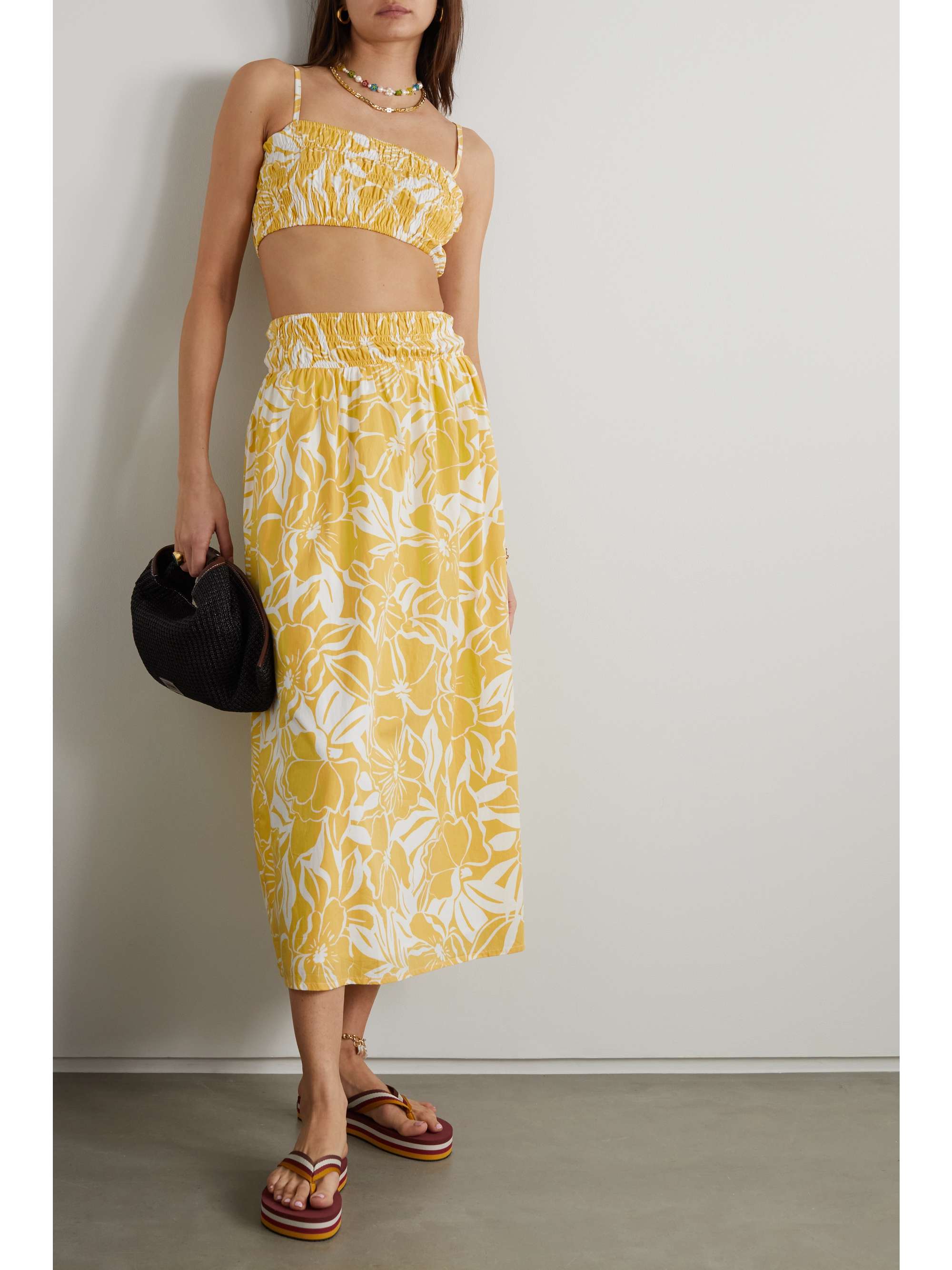 FAITHFULL + NET SUSTAIN Kiera shirred floral-print cotton-poplin midi skirt