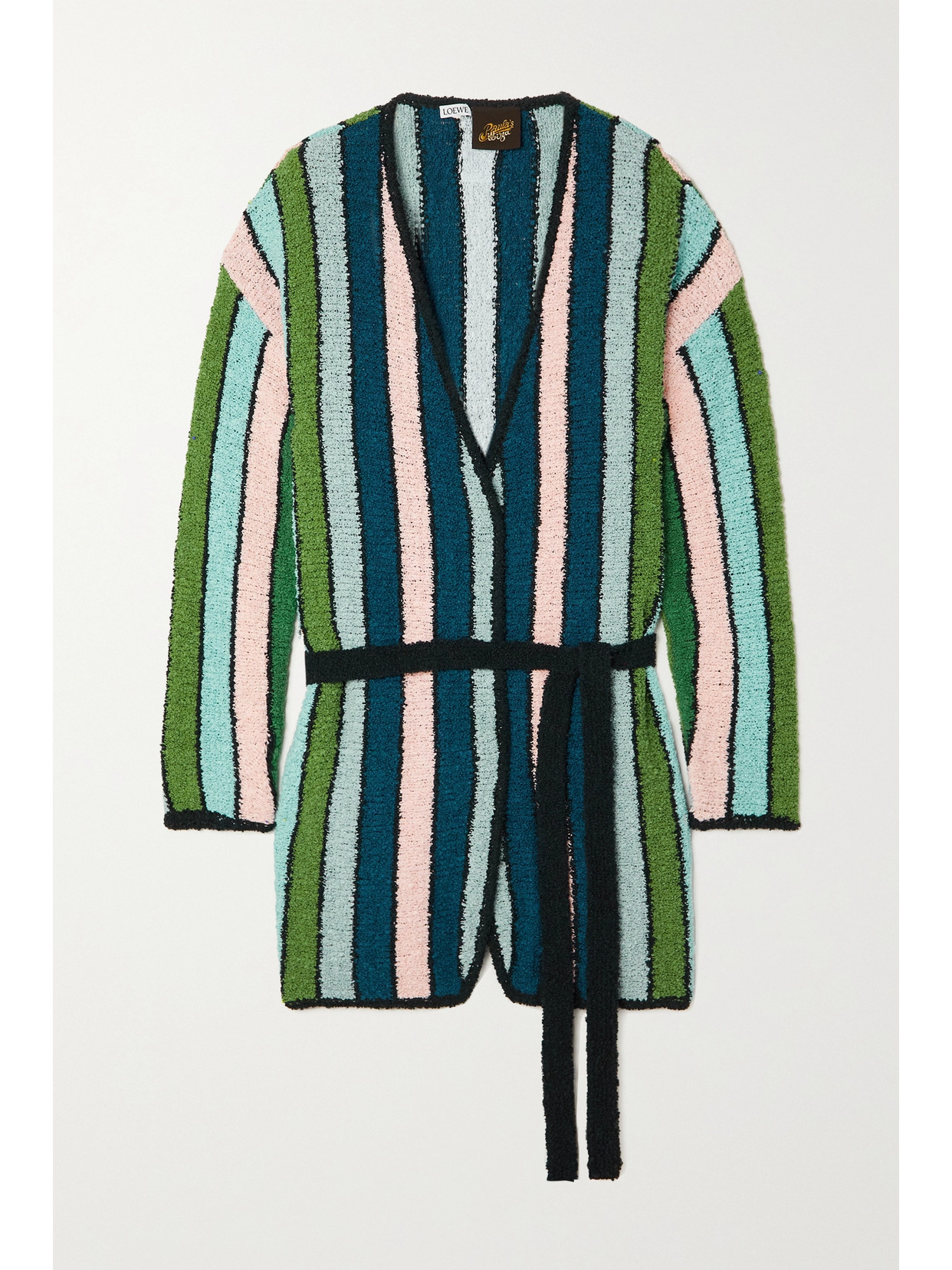 LOEWE + PAULA'S IBIZA BELTED STRIPED COTTON-BLEND BOUCLÉ CARDIGAN