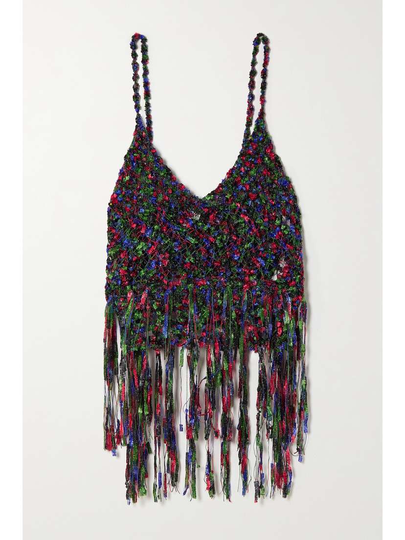 Loewe + Paula's Ibiza Fringed Metallic Open-knit Camisole