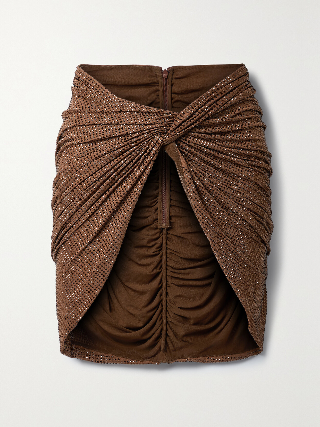 LAQUAN SMITH Twist-front Ruched Crystal-embellished Stretch-tulle Mini Skirt