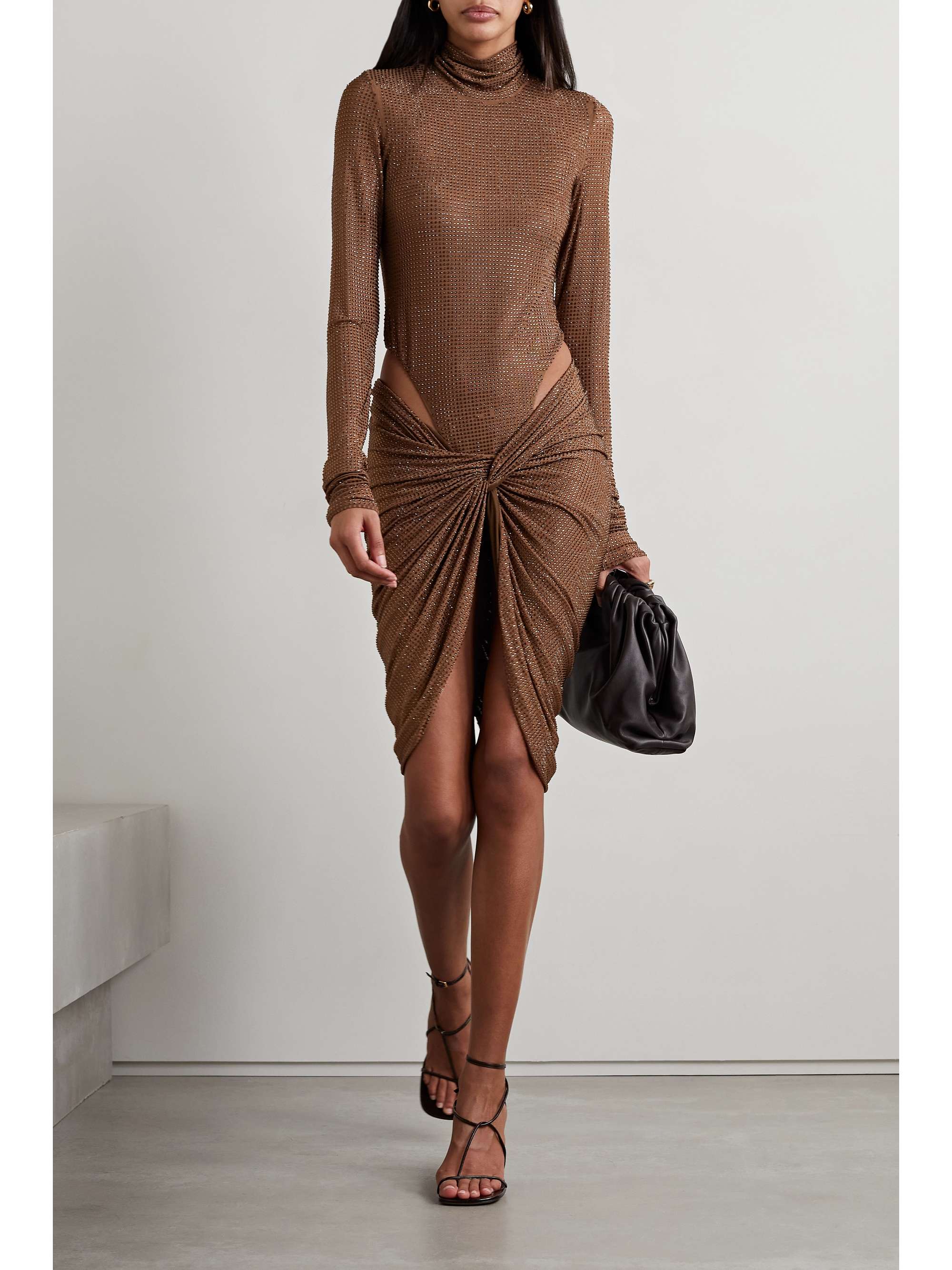 LAQUAN SMITH Twist-front ruched crystal-embellished stretch-tulle mini skirt