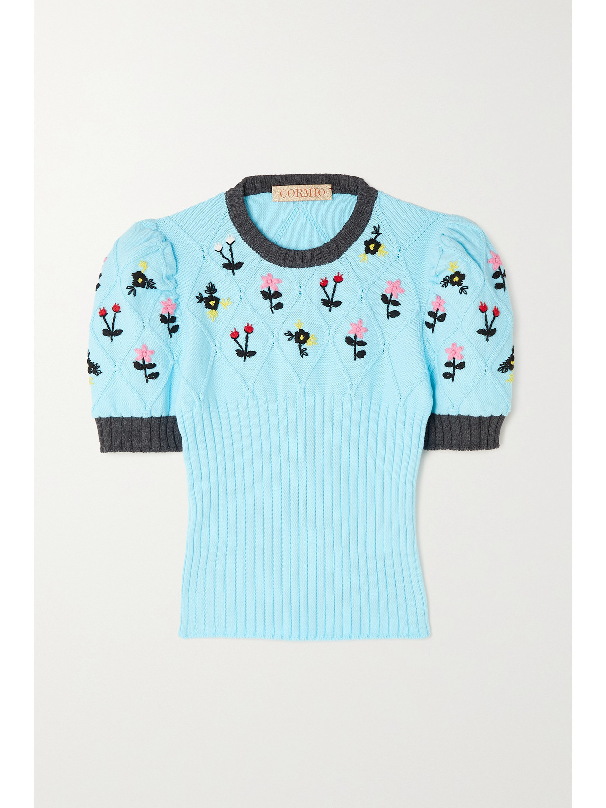 CORMIO Oma Embroidered Ribbed Pima Cotton Sweater - Blue