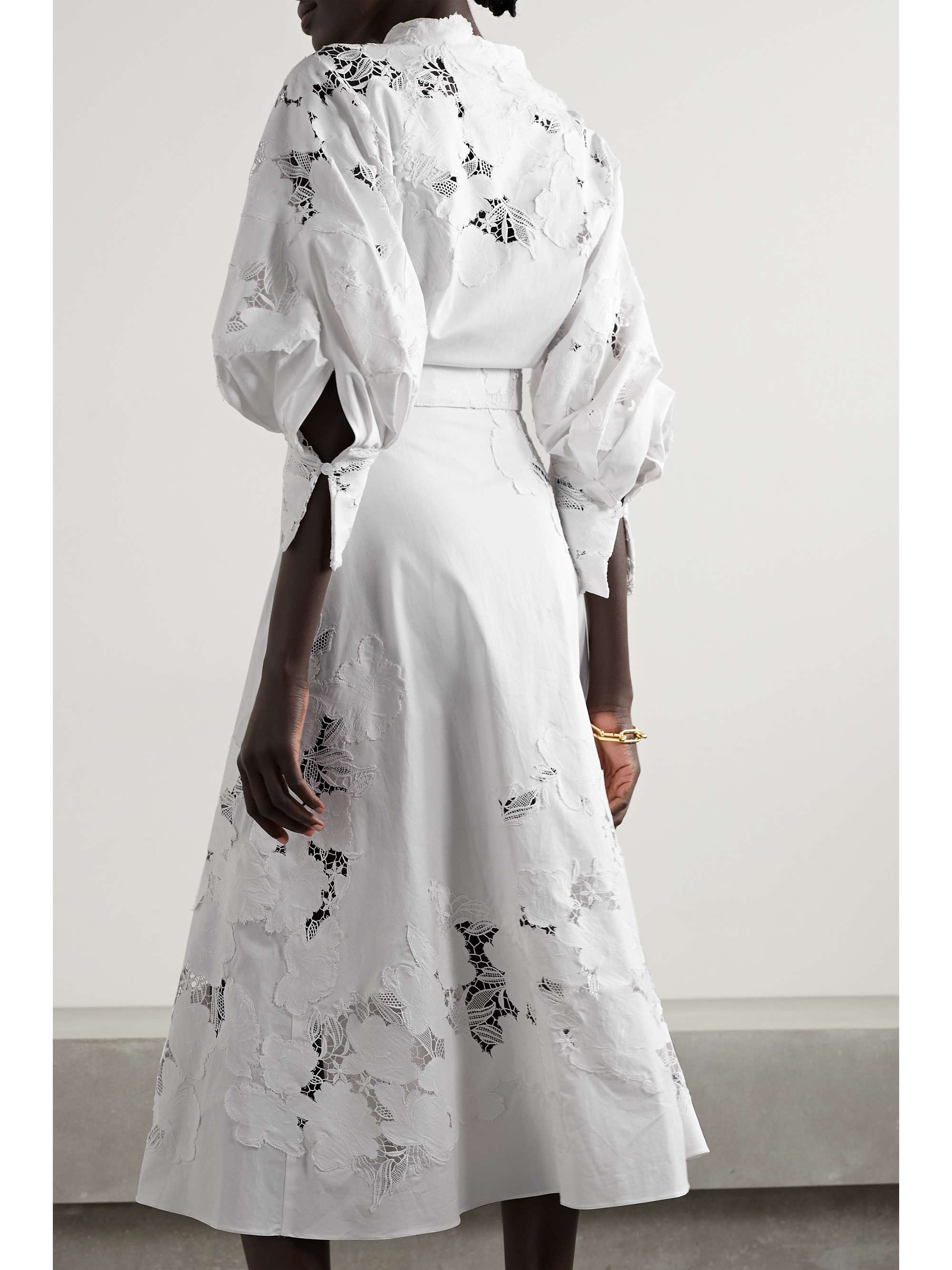 OSCAR DE LA RENTA Belted cotton-blend poplin and guipure lace midi shirt dress