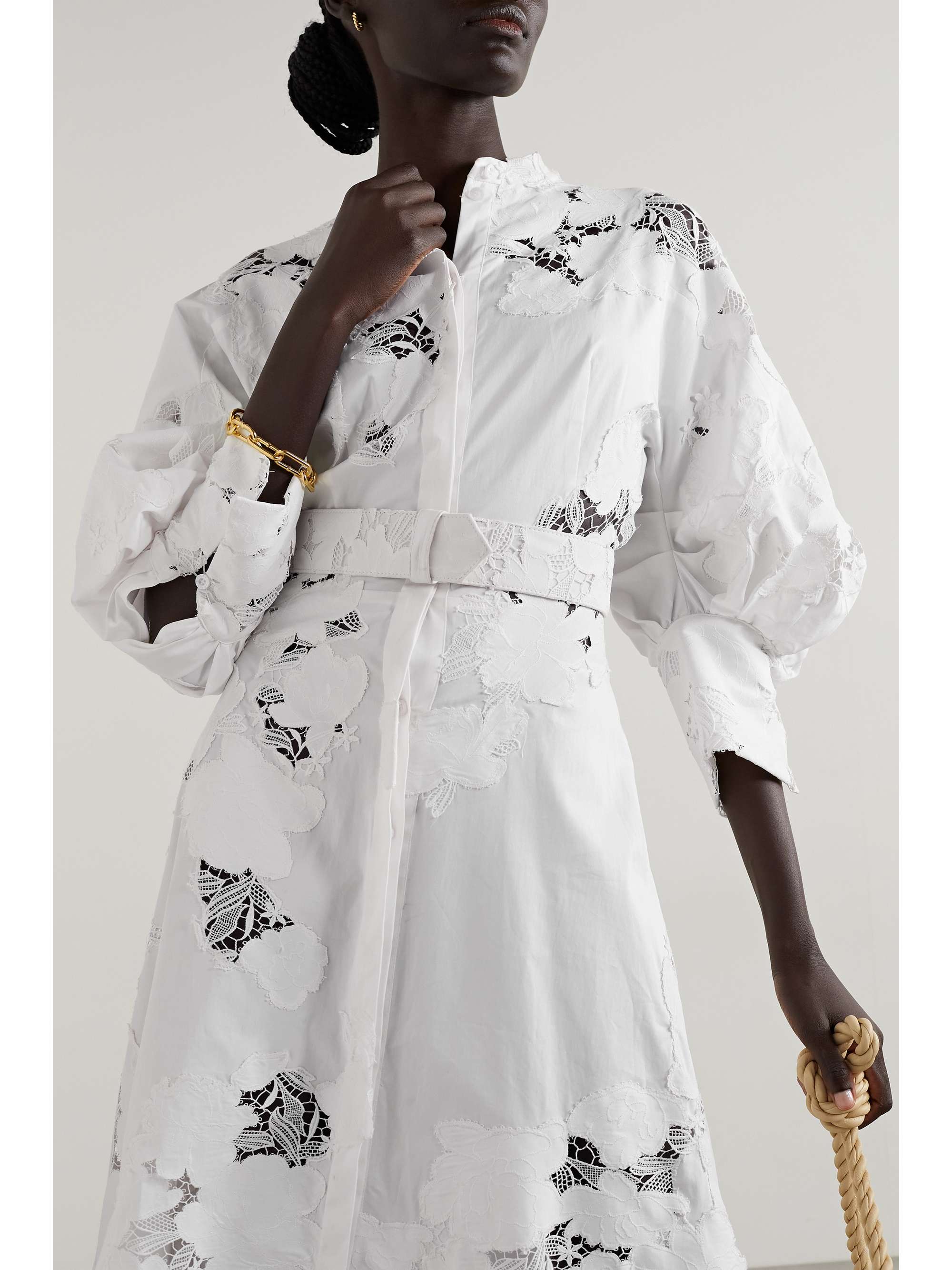 OSCAR DE LA RENTA Belted cotton-blend poplin and guipure lace midi shirt dress