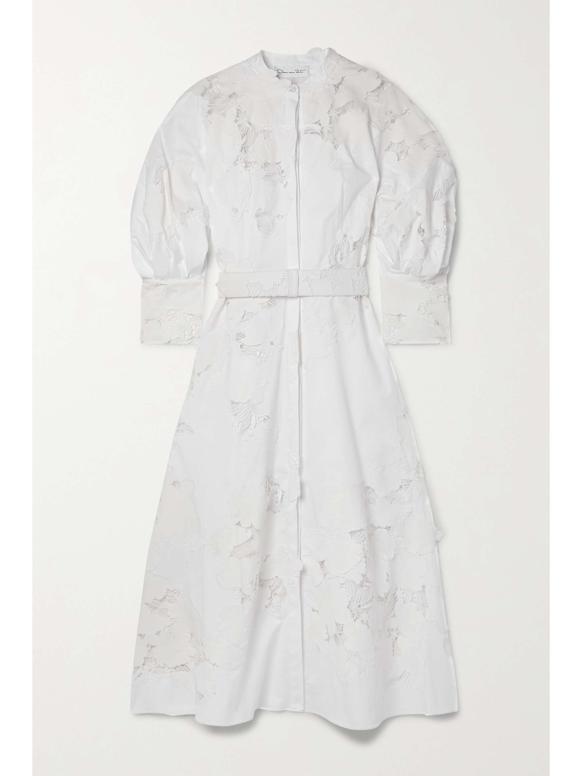OSCAR DE LA RENTA Belted cotton-blend poplin and guipure lace midi shirt dress