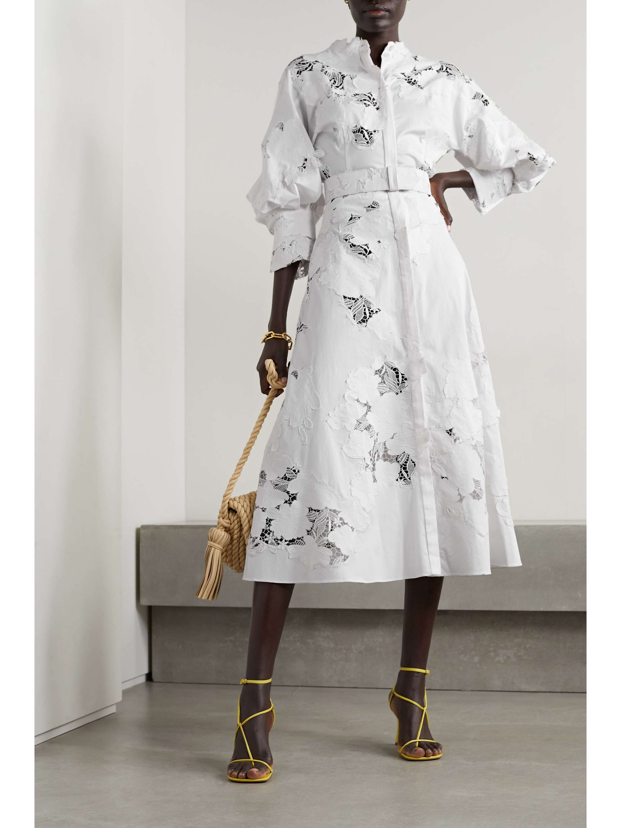 OSCAR DE LA RENTA Belted cotton-blend poplin and guipure lace midi shirt dress