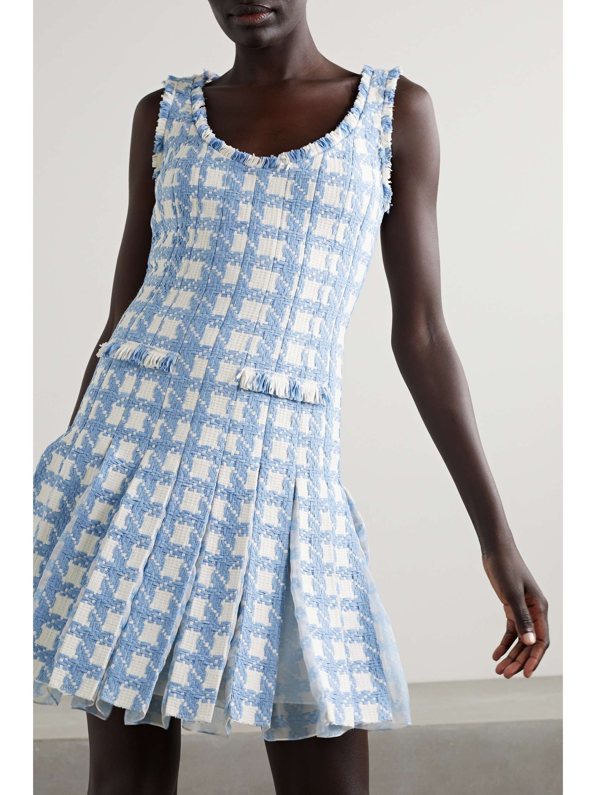 Light blue Pleated gingham cotton-blend tweed and chiffon mini dress | OSCAR DE LA RENTA | NET-A 