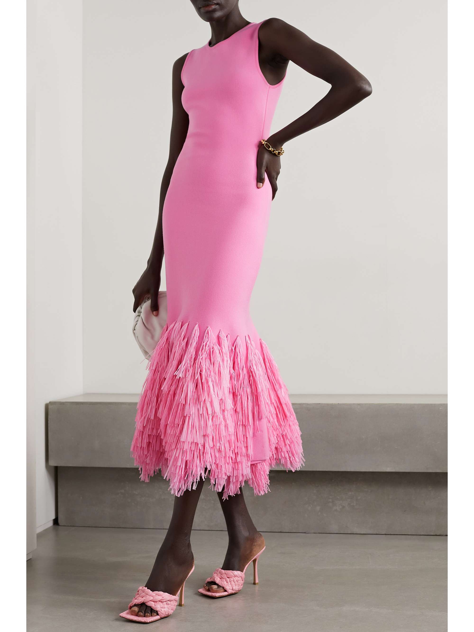 Baby pink Fringed knitted midi dress ...