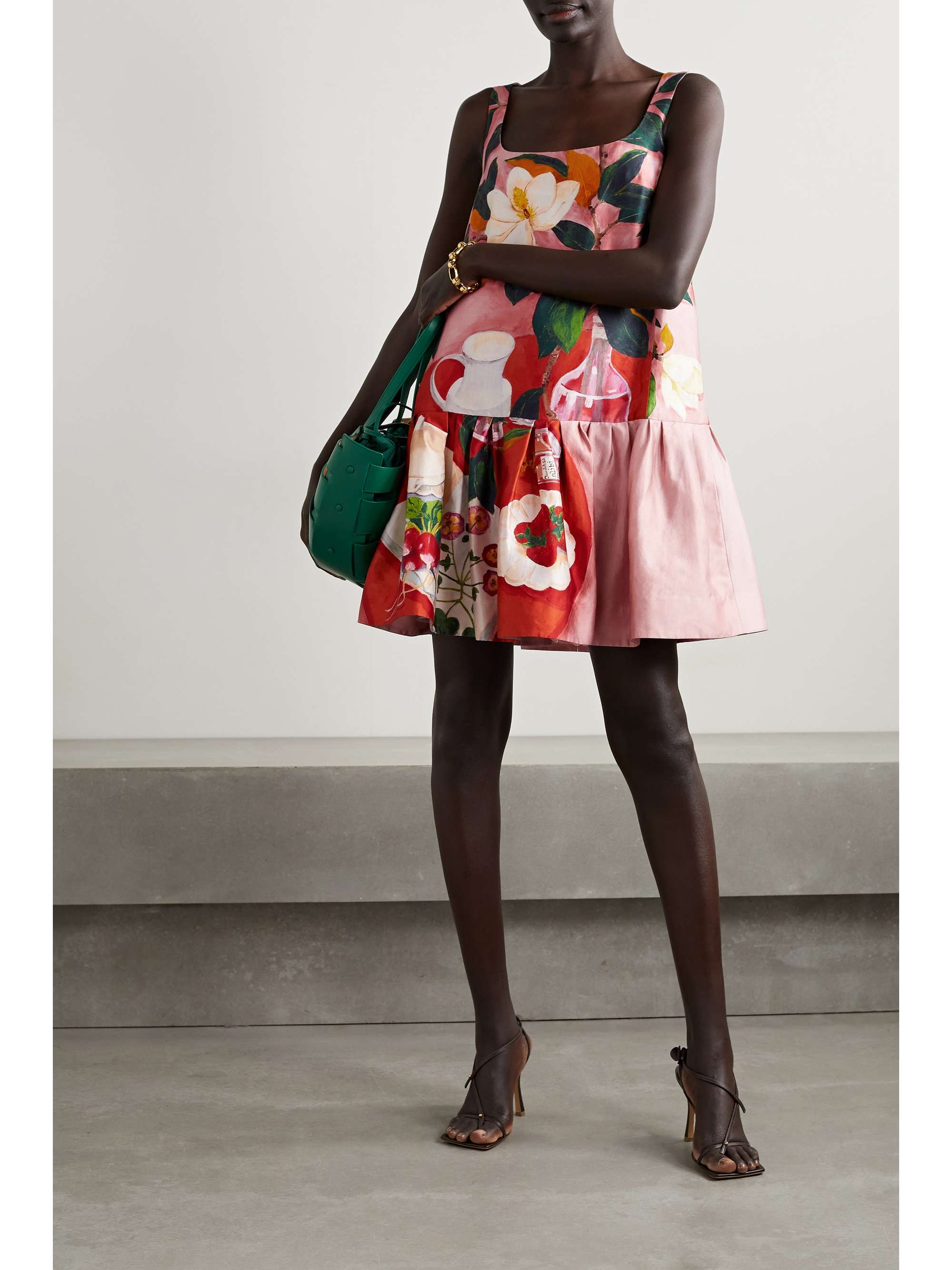 Baby pink Pleated floral-print mikado 