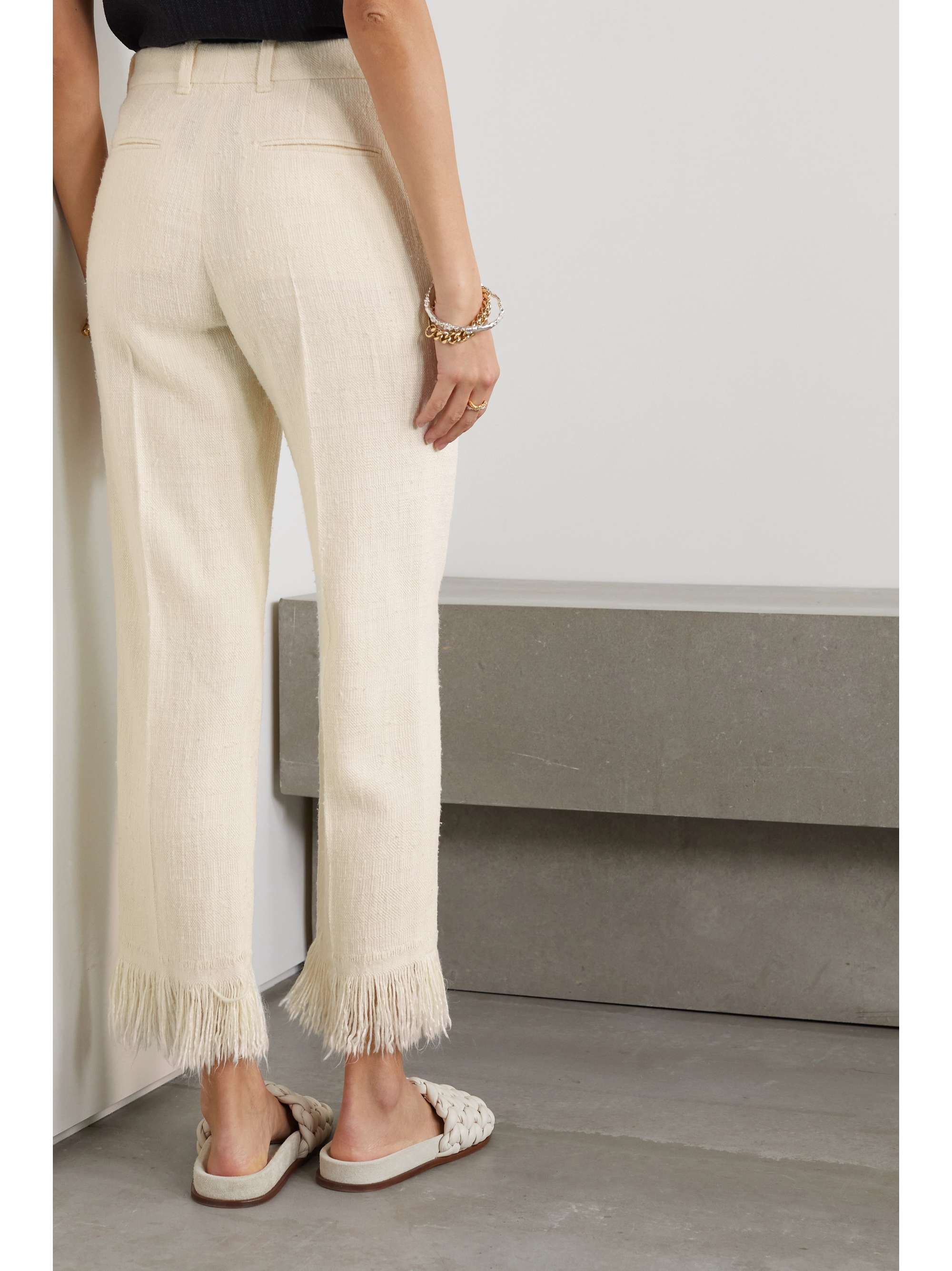 Fringed pleated silk straight-leg pants 