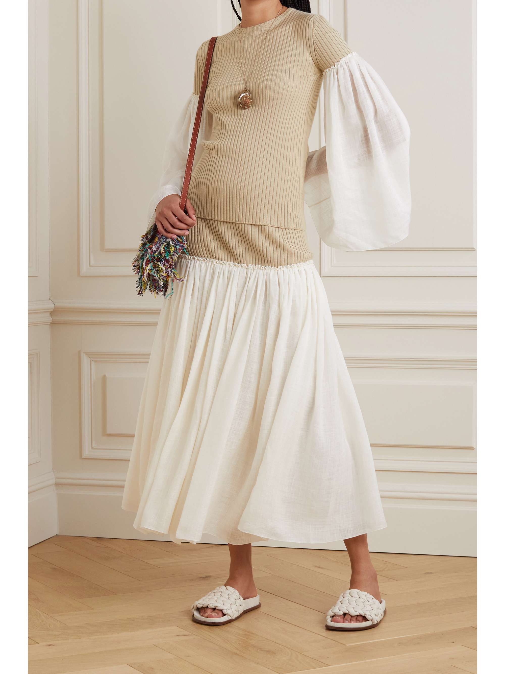 CHLOÉ Chiffon-trimmed ribbed wool and cashmere-blend sweater