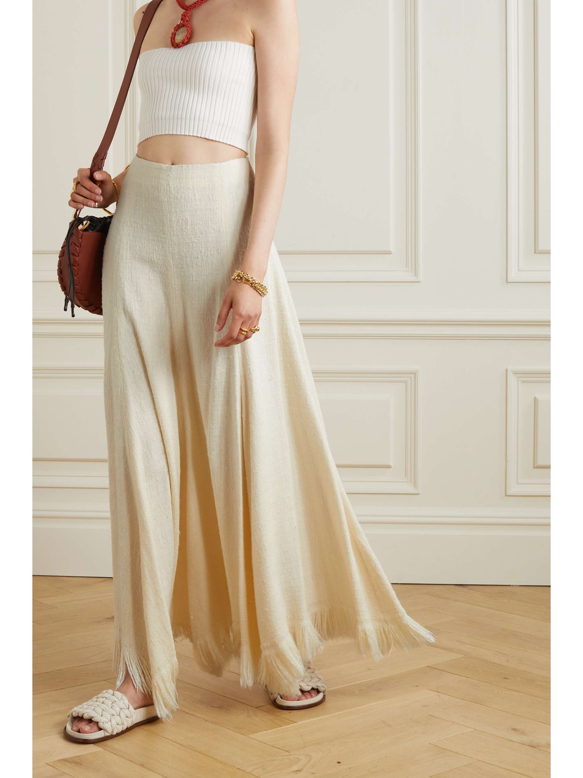 CHLOÉ Fringed pleated silk maxi skirt