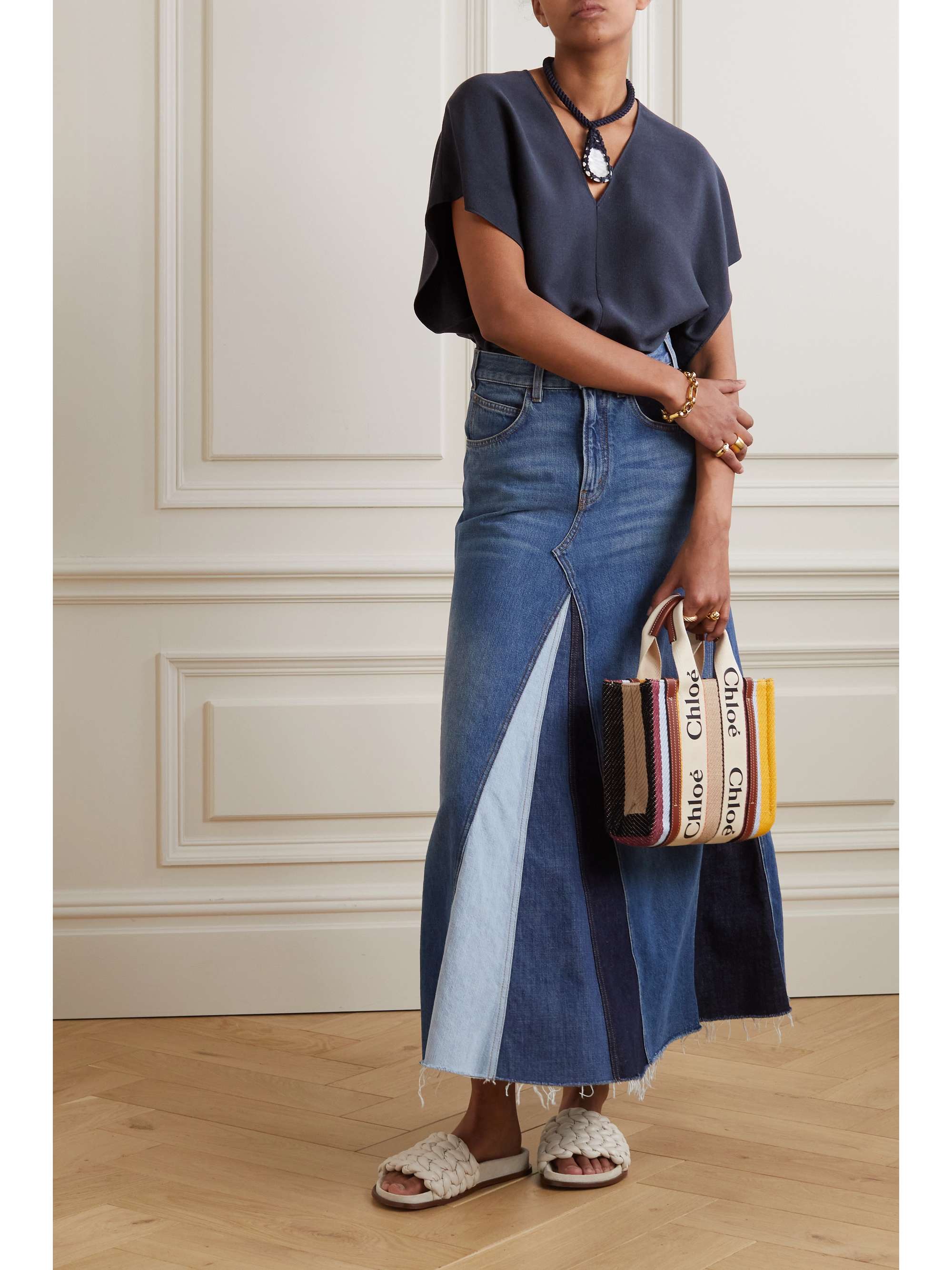 Navy Silk and cotton-blend top and 