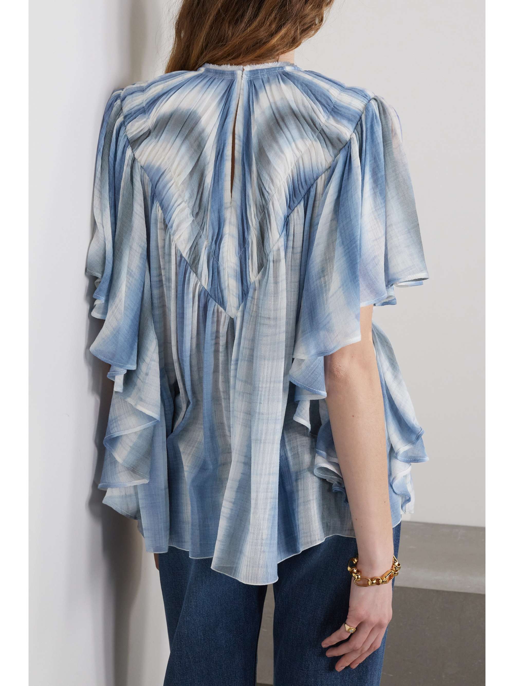 CHLOÉ Ruffled smocked tie-dyed wool-gauze top