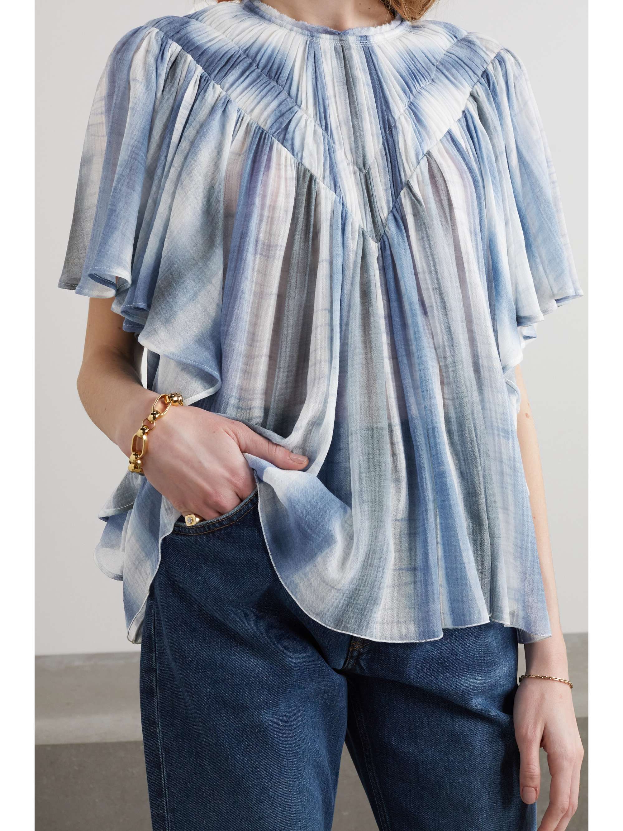 CHLOÉ Ruffled smocked tie-dyed wool-gauze top