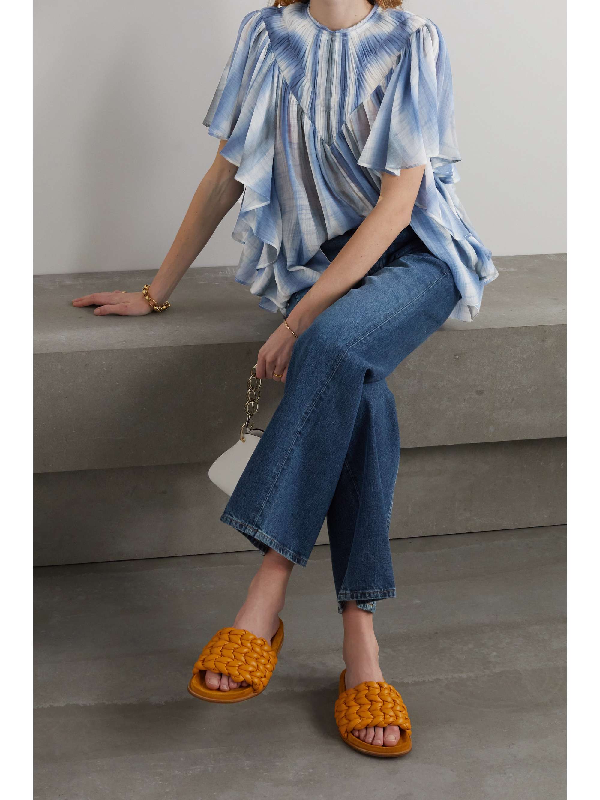 CHLOÉ Ruffled smocked tie-dyed wool-gauze top