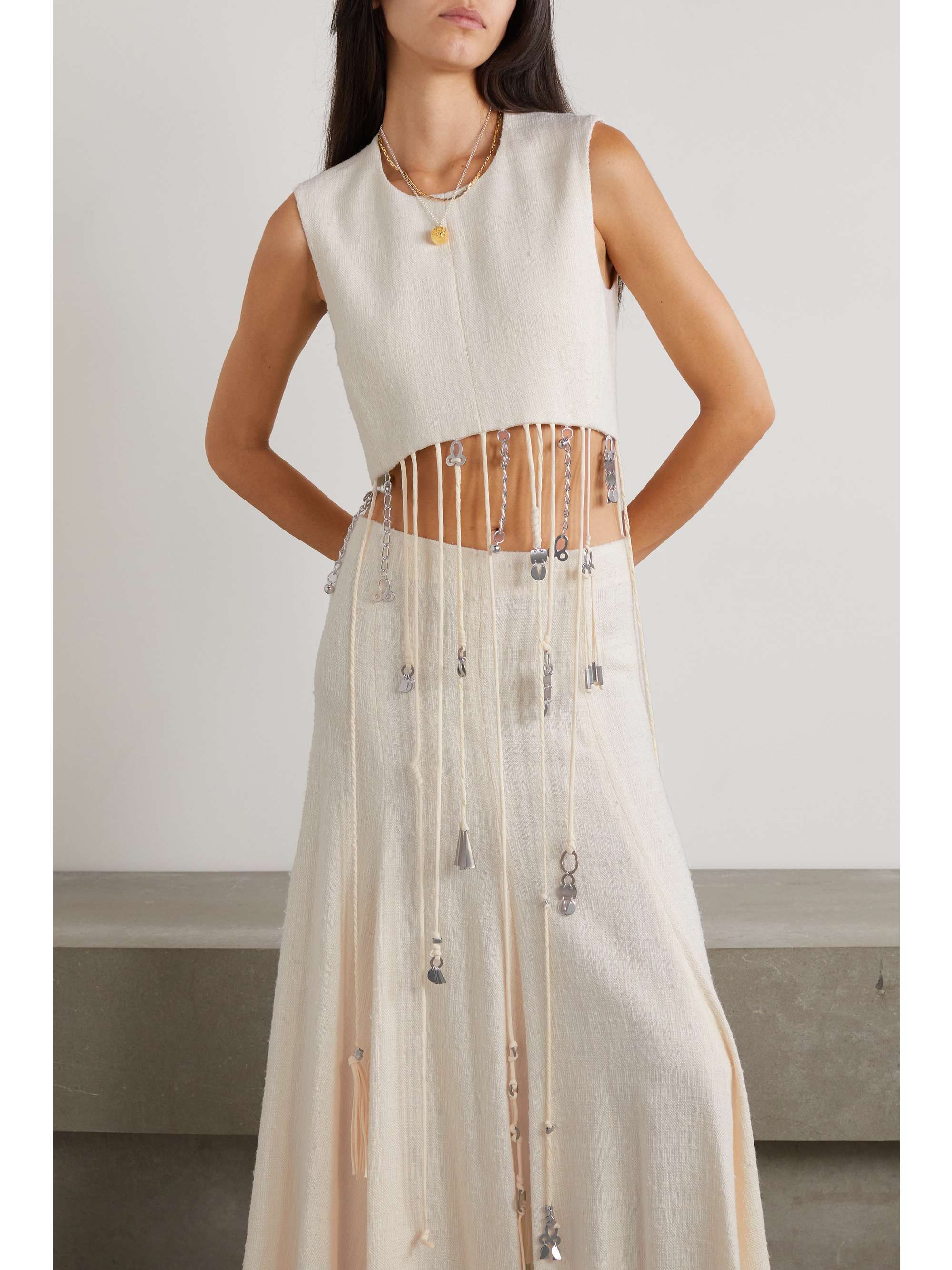 CHLOÉ Cropped embellished fringed silk top