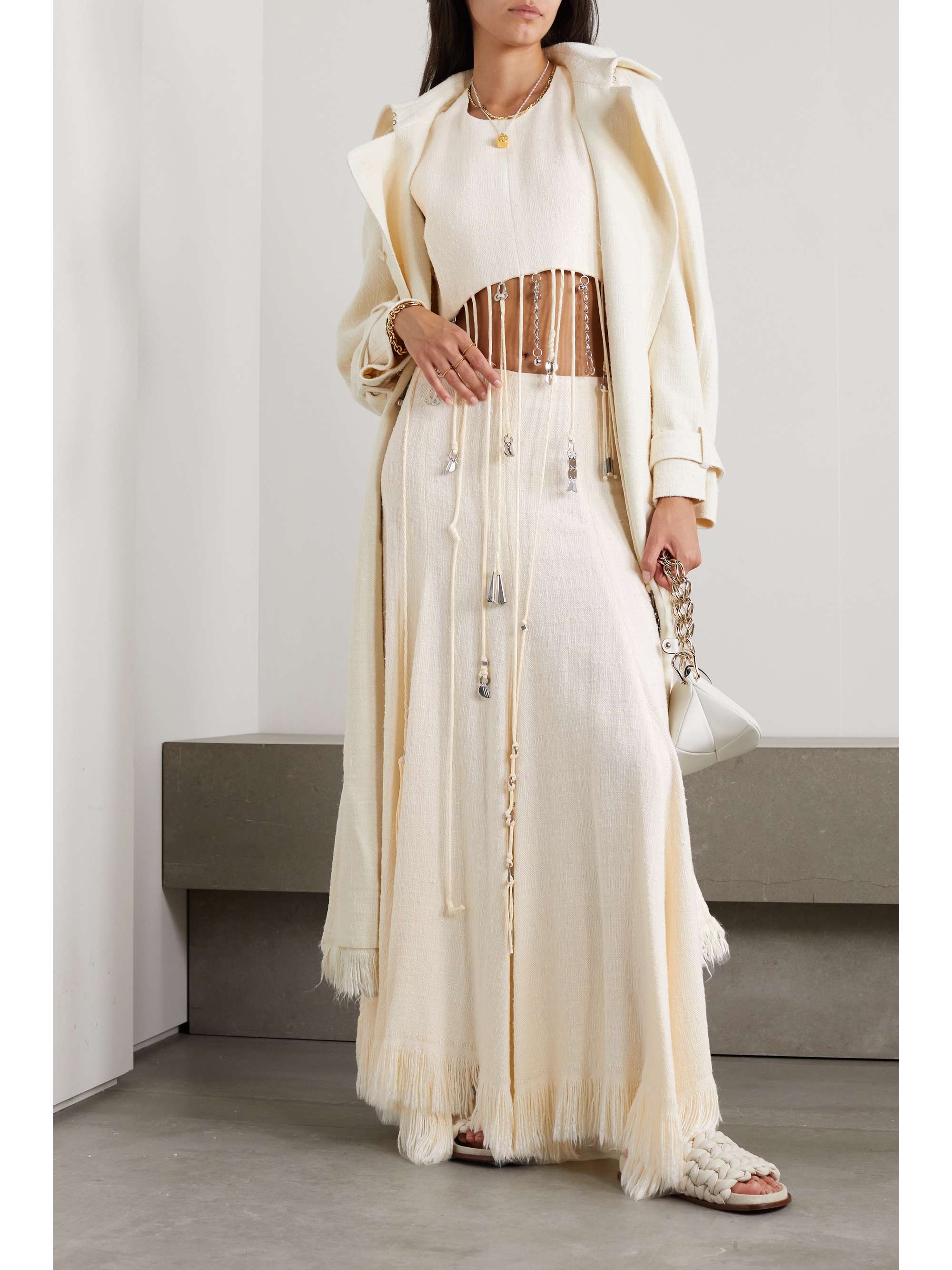 CHLOÉ Cropped embellished fringed silk top
