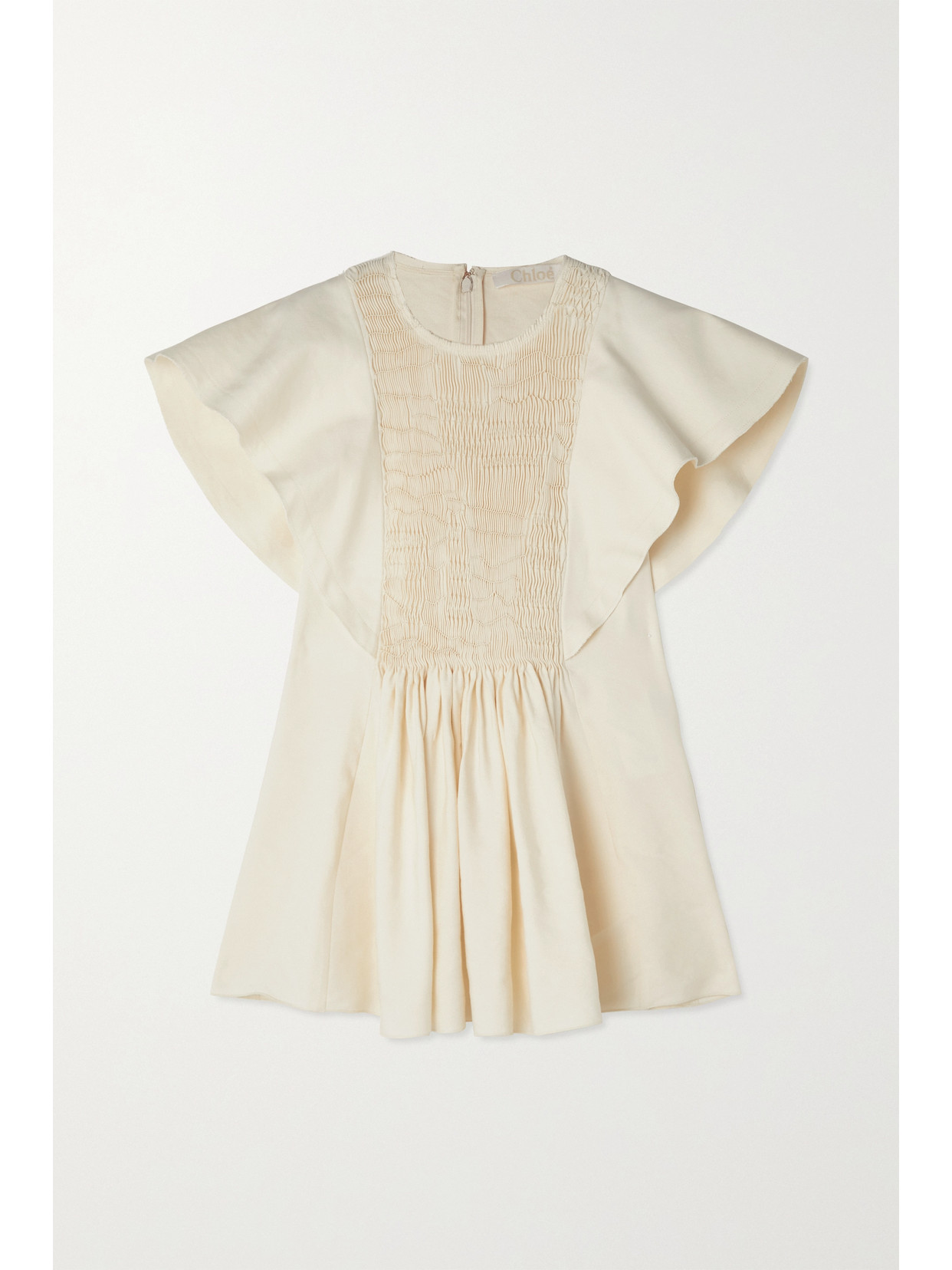 Chloé Ruffled Smocked Linen And Silk-blend Twill Peplum Blouse In Neutrals