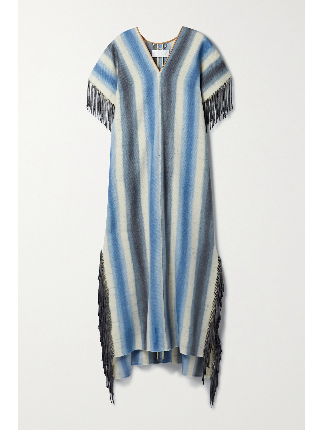 Chloé Leather-trimmed Fringed Striped Cashmere And Silk-blend Poncho In Blue