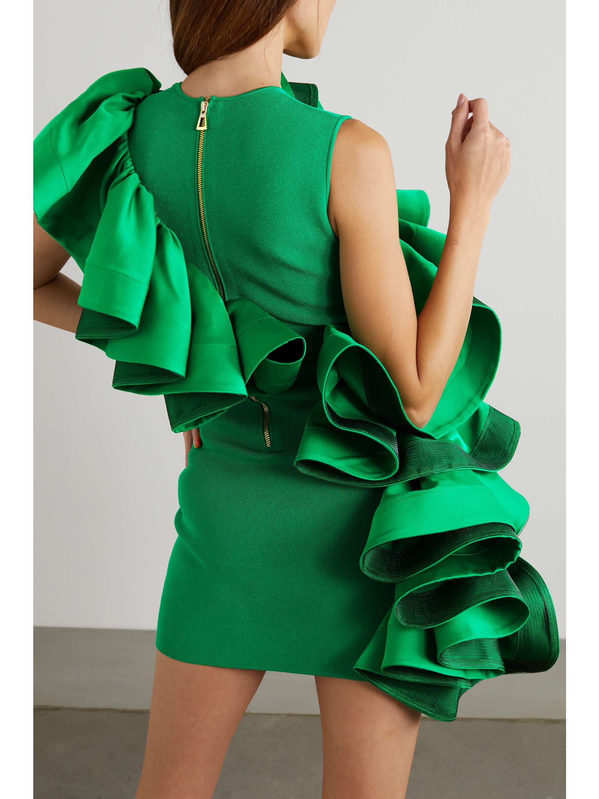 AZ FACTORY Asymmetric recycled duchesse satin-trimmed ruffled stretch-knit top