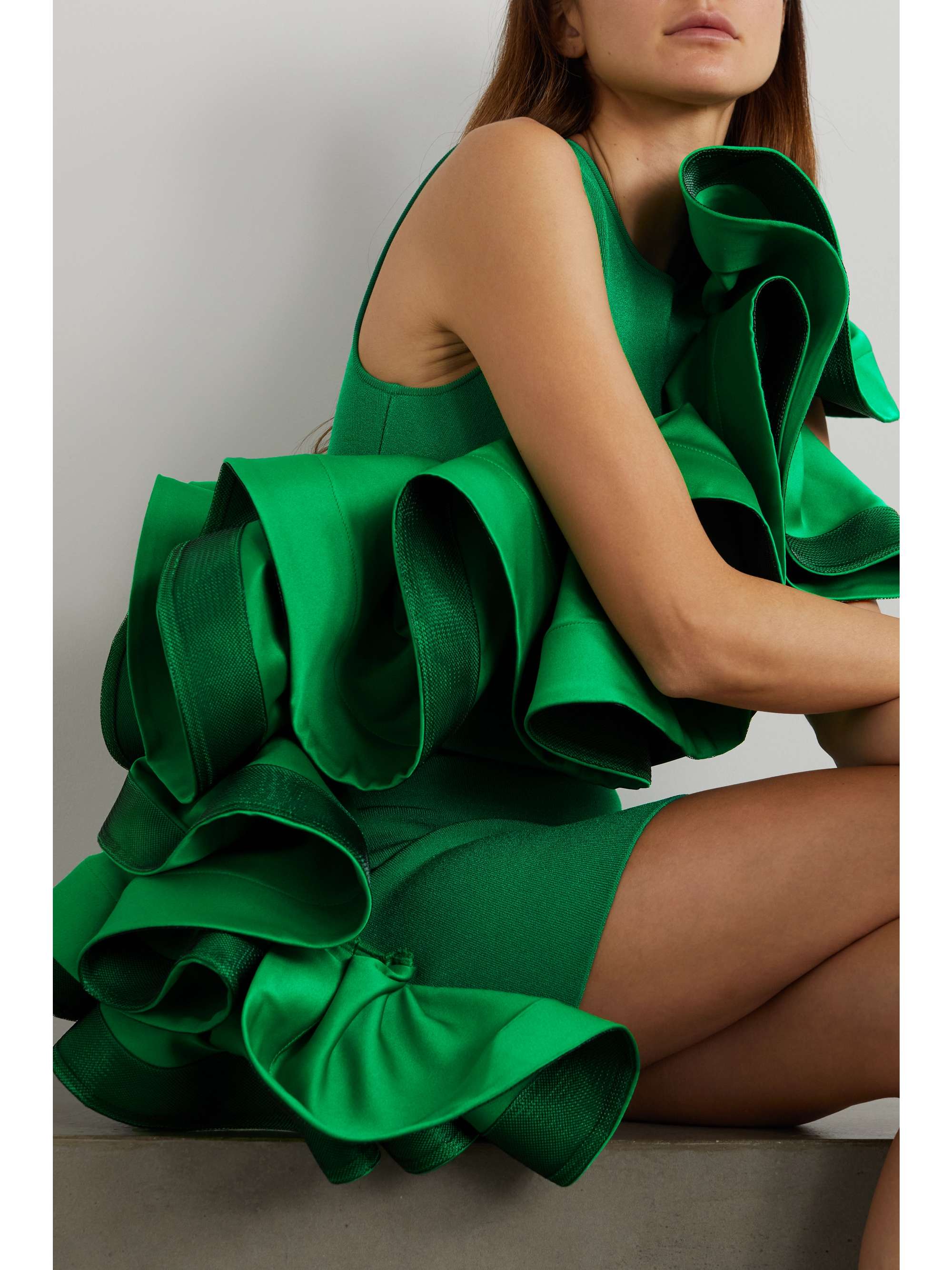 AZ FACTORY Asymmetric recycled duchesse satin-trimmed ruffled stretch-knit top