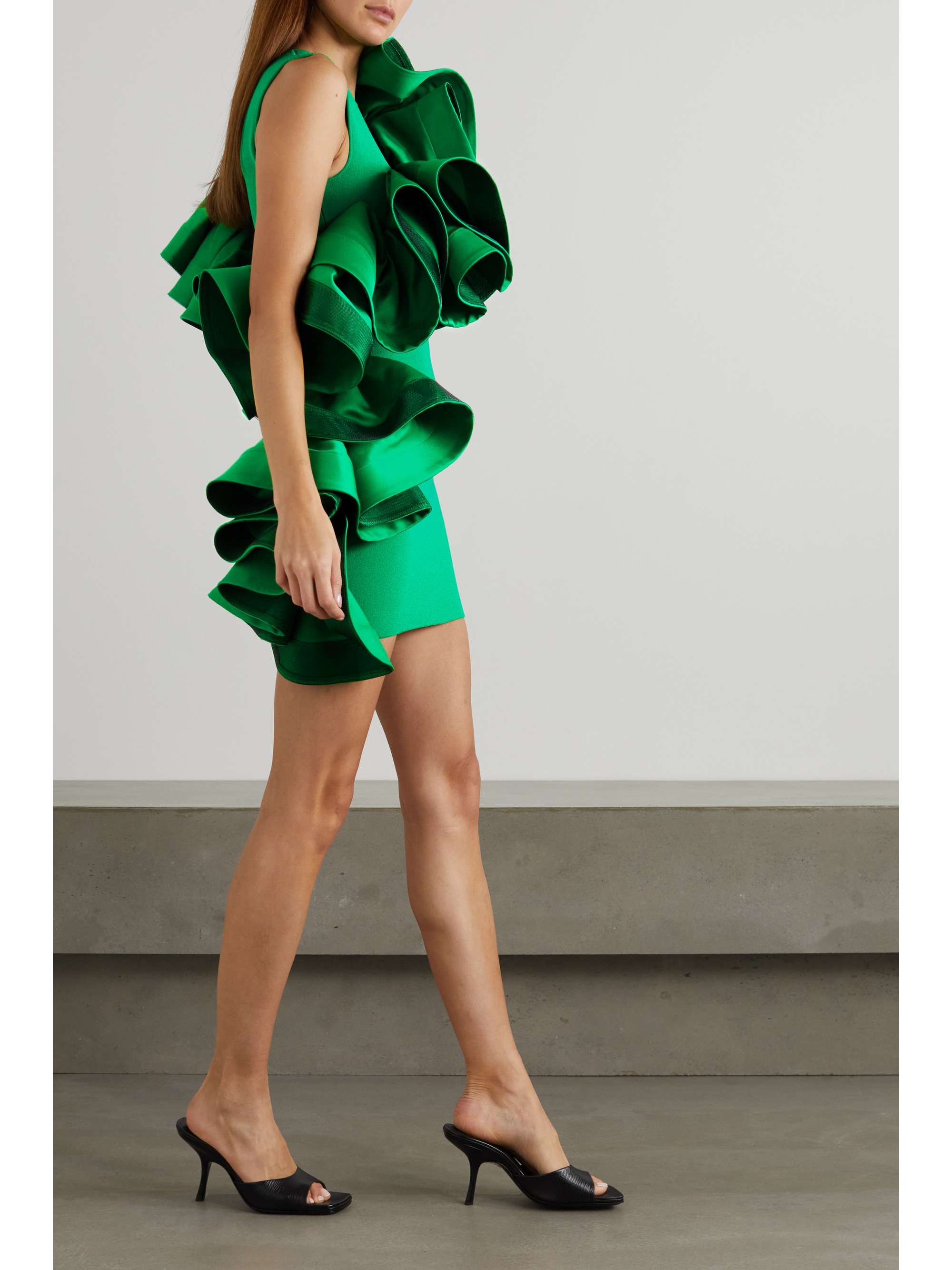 AZ FACTORY Asymmetric recycled duchesse satin-trimmed ruffled stretch-knit top