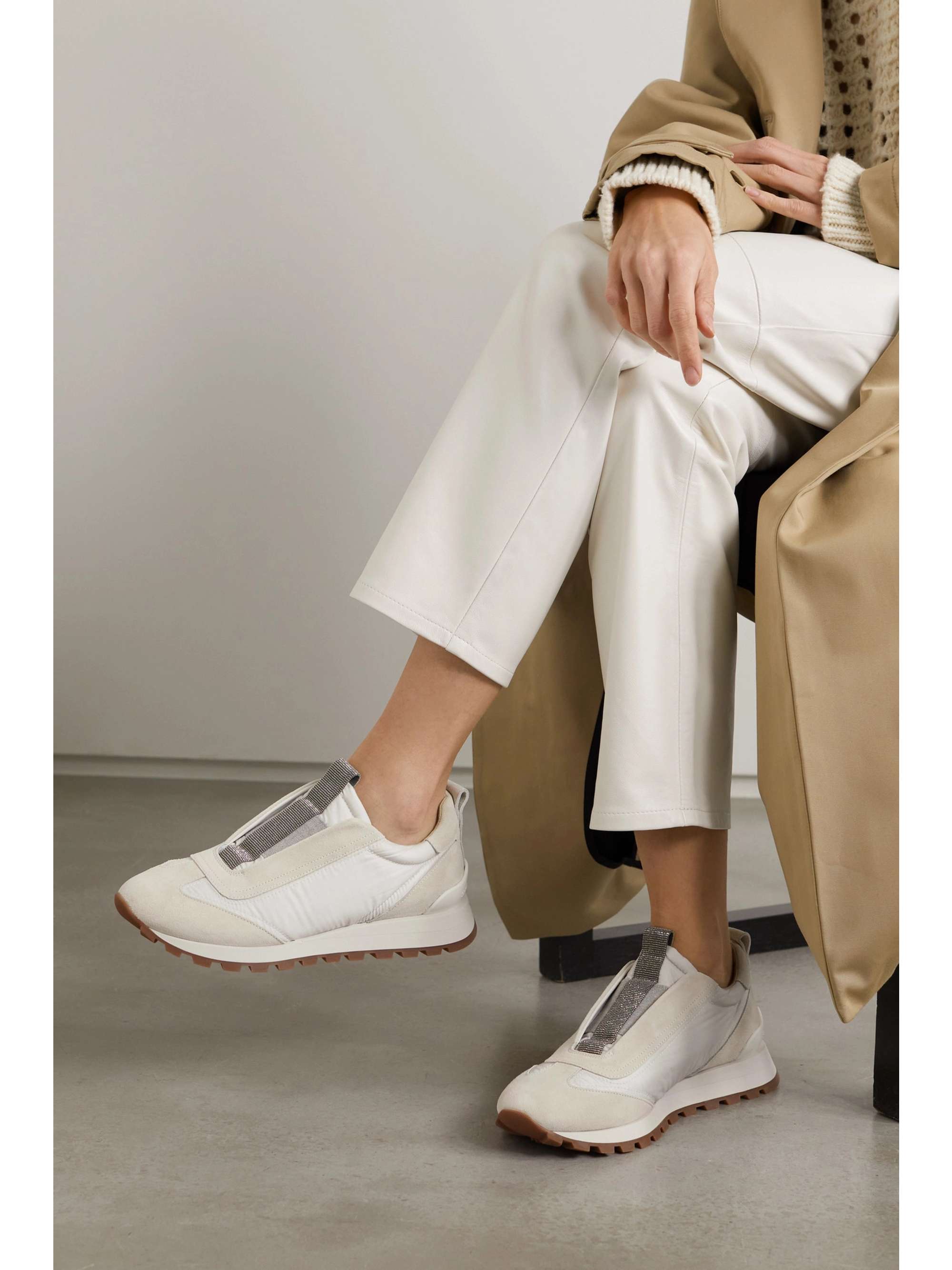 Brunello Cucinelli Beadembellished Suedetrimmed Shell Sneakers - Women - White Sneakers - IT37