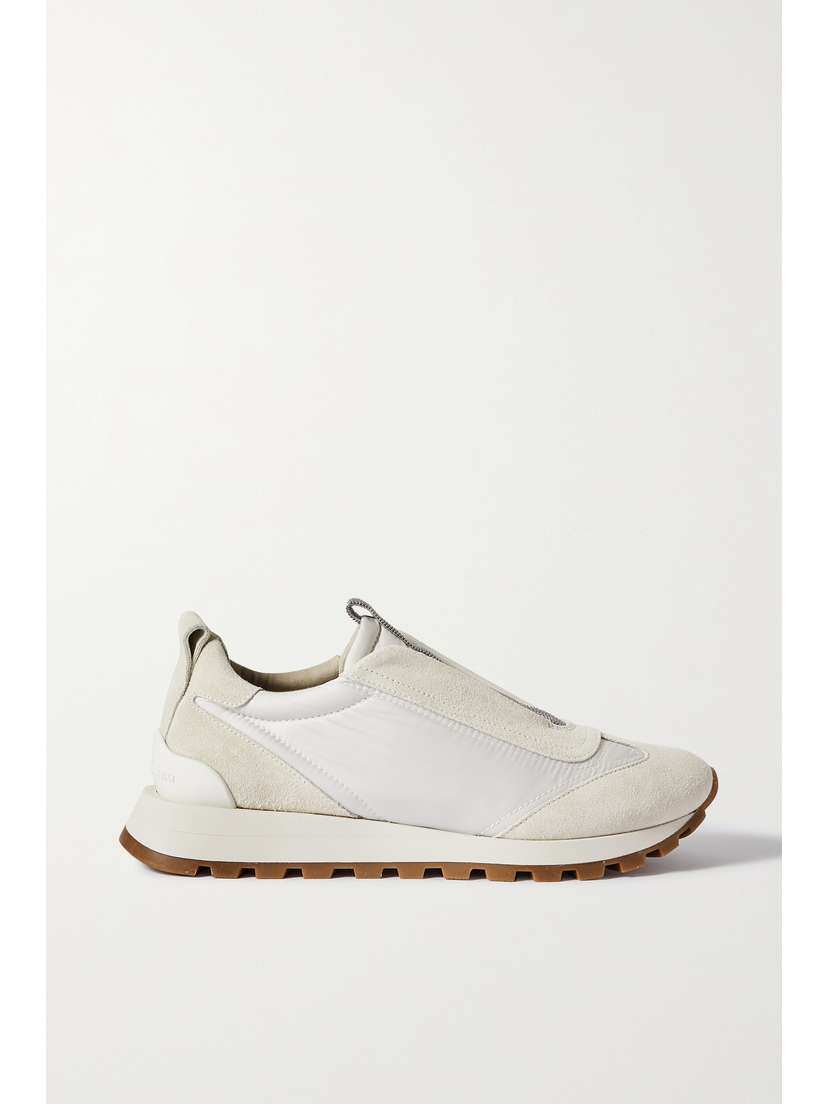 Brunello Cucinelli Bead-embellished Suede-trimmed Shell Sneakers