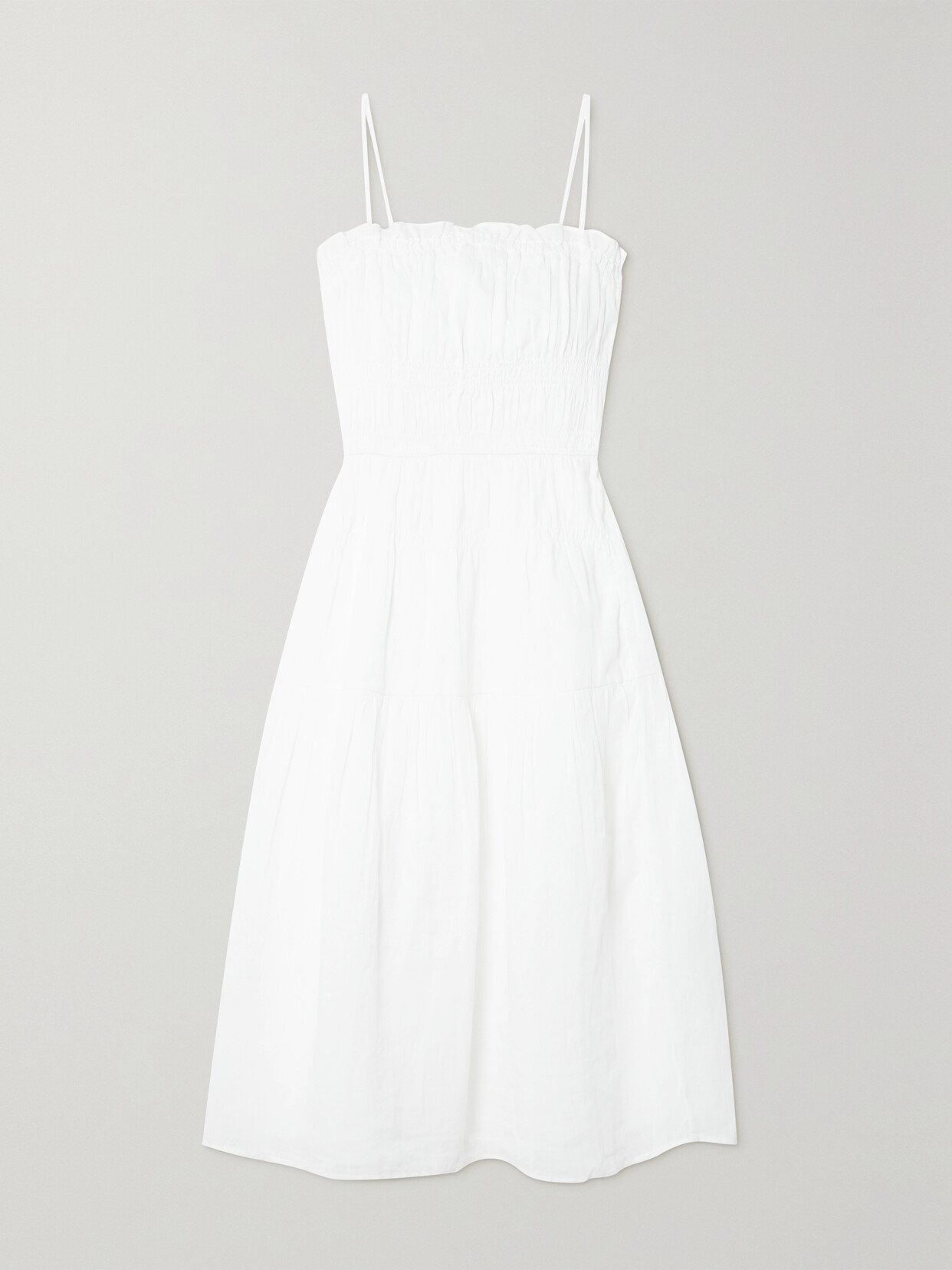 FRAME Smocked Ramie Midi Dress - White
