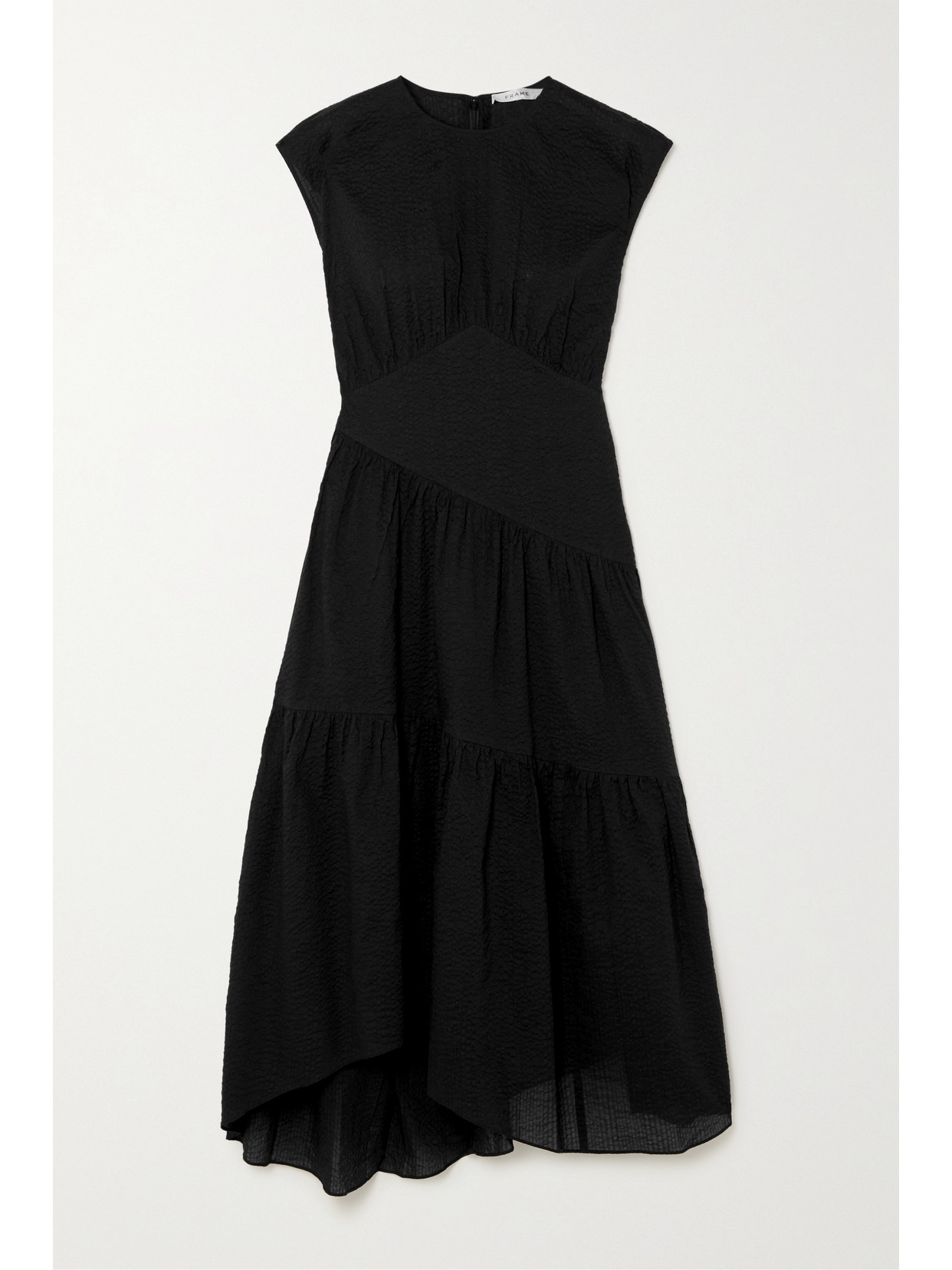 Frame Asymmetric Gathered Cotton-seersucker Dress In Black