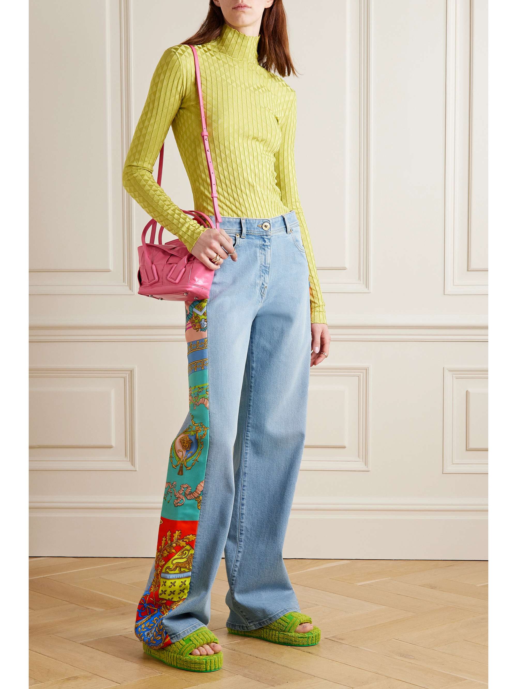 VERSACE Printed twill-trimmed low-rise wide-leg jeans