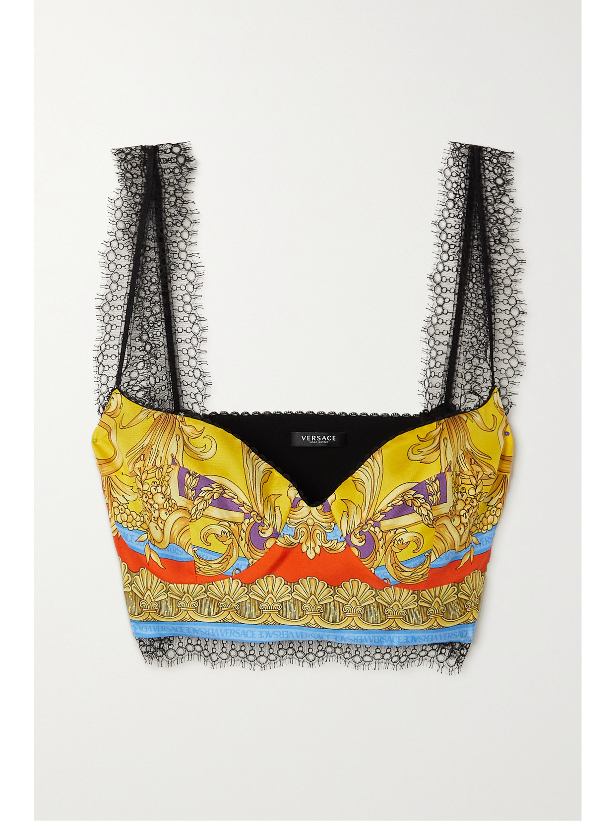 Versace Lace-trimmed Printed Silk-twill Bralette - Yellow