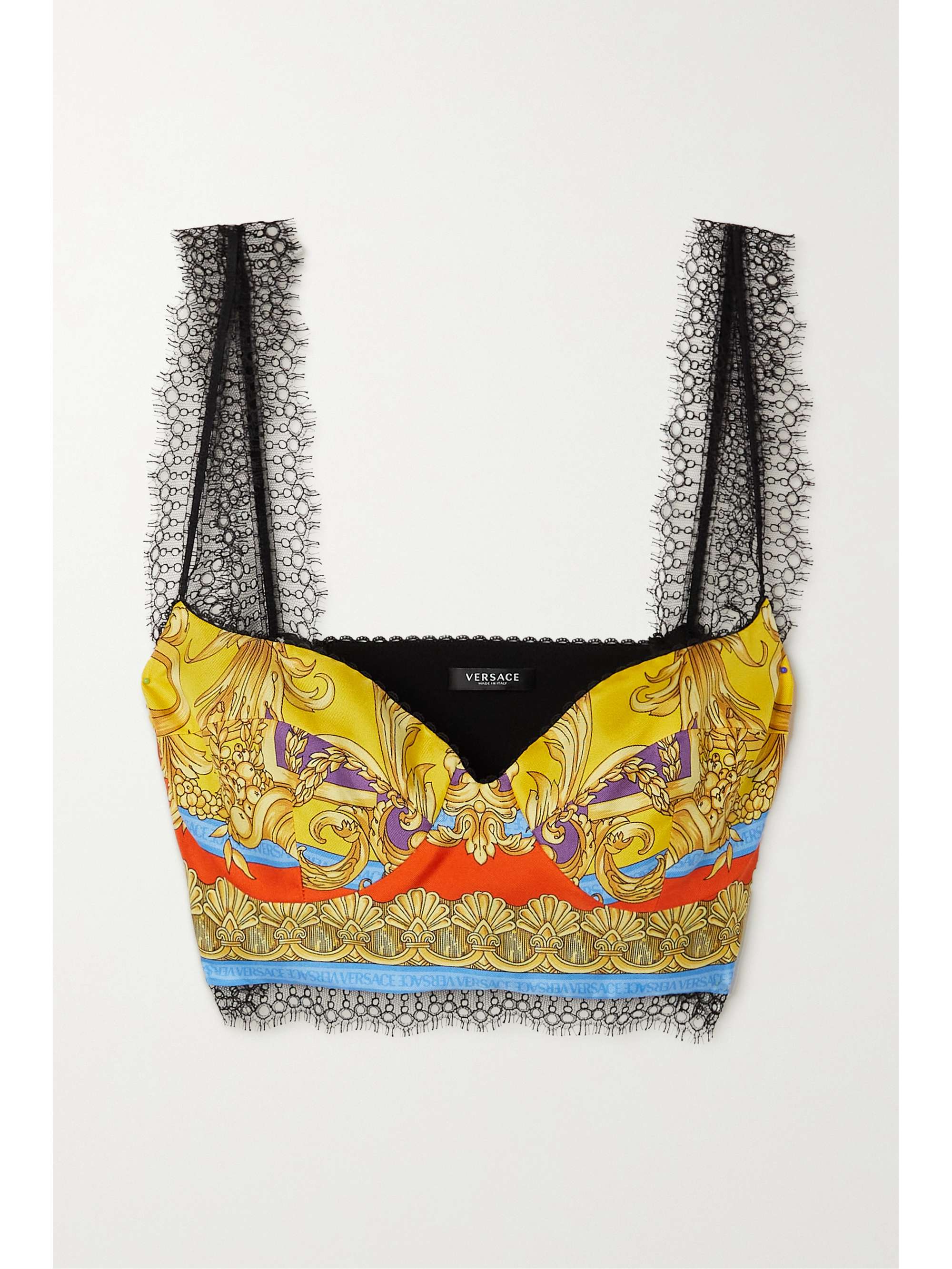 VERSACE Lace-trimmed printed silk-twill bralette