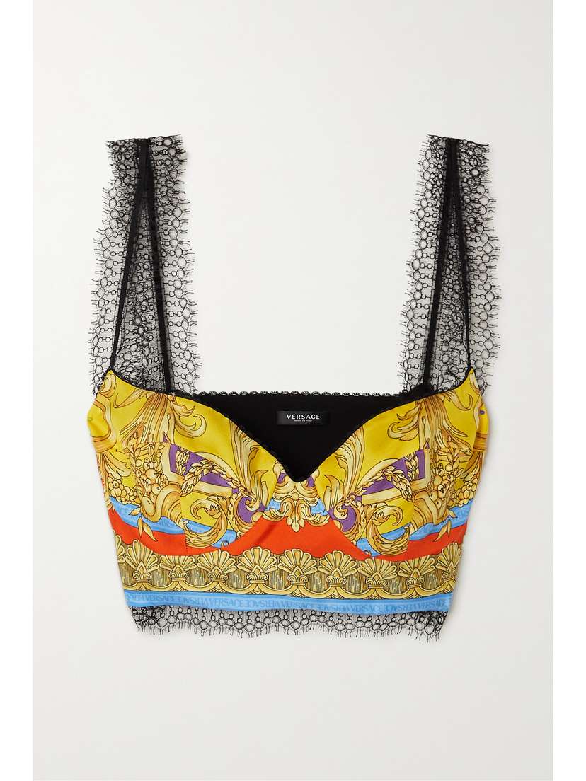 Versace Lace-trimmed Printed Silk-twill Bralette